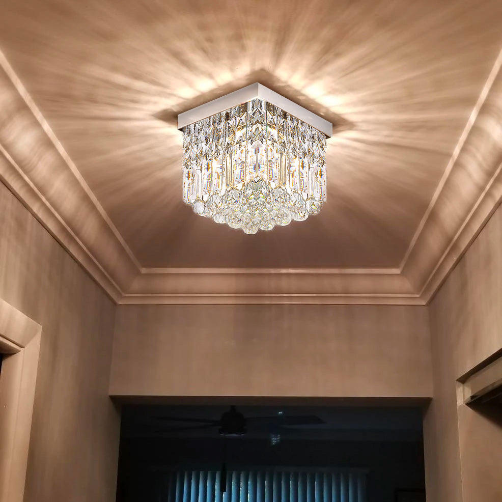 Compact Crystal Ceiling Light Chrome Finish Flush Mount Square Design for Hallway Bedroom Kitchen Entry | Thomler