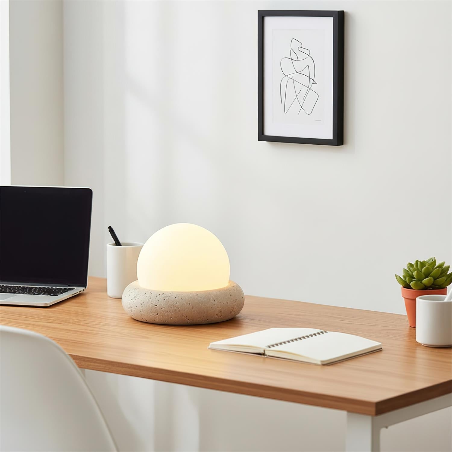 Table Lamp Travertine Base 6.1 in x 4.7 in Frosted Acrylic LED Rechargeable Bedroom Living Room Ambient Light | Thomler