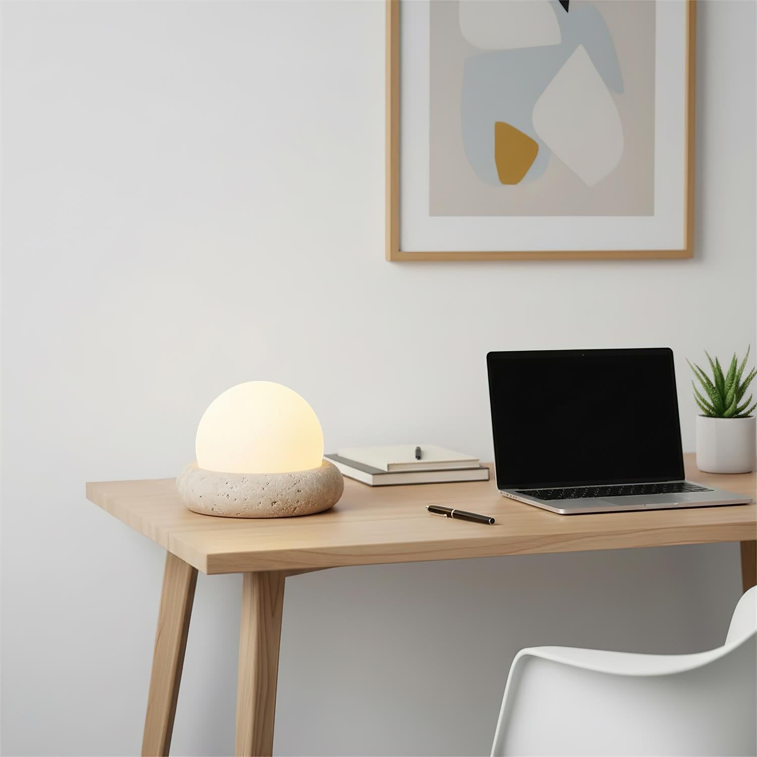 Table Lamp Travertine Base 6.1 in x 4.7 in Frosted Acrylic LED Rechargeable Bedroom Living Room Ambient Light | Thomler