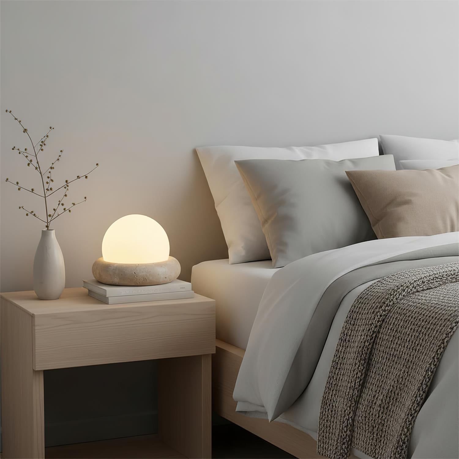 Table Lamp Travertine Base 6.1 in x 4.7 in Frosted Acrylic LED Rechargeable Bedroom Living Room Ambient Light | Thomler
