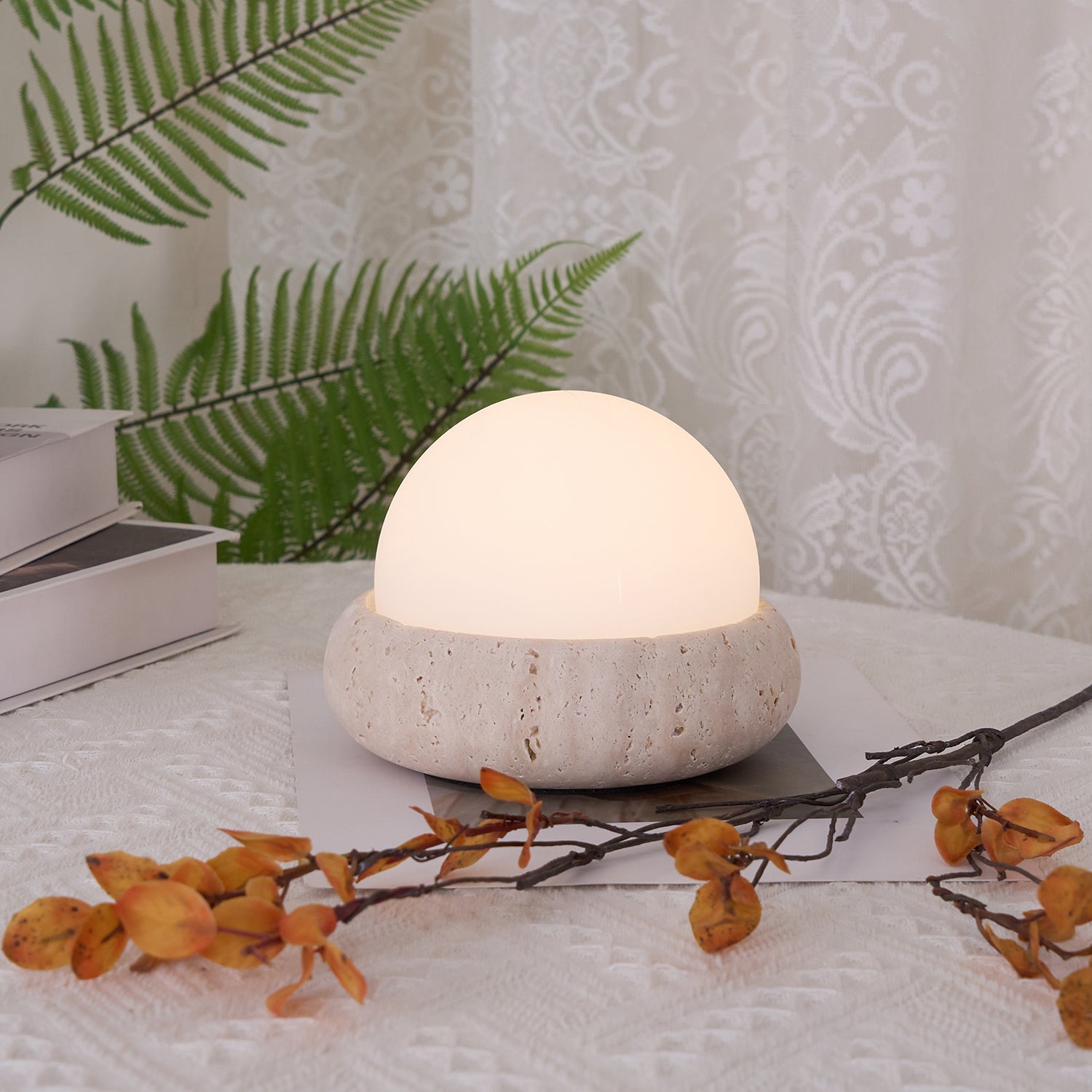 Table Lamp Travertine Base 6.1 in x 4.7 in Frosted Acrylic LED Rechargeable Bedroom Living Room Ambient Light | Thomler