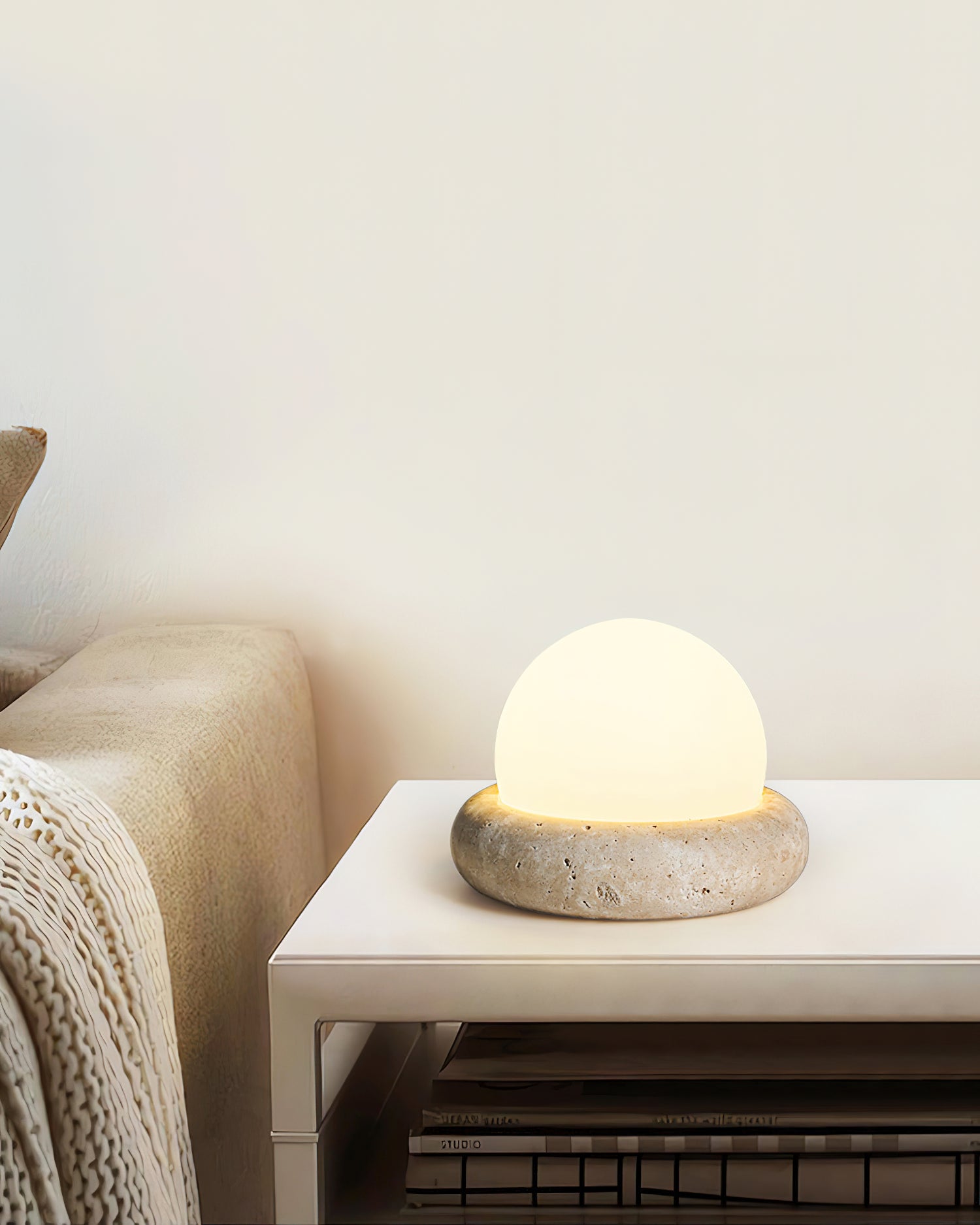 Table Lamp Travertine Base 6.1 in x 4.7 in Frosted Acrylic LED Rechargeable Bedroom Living Room Ambient Light | Thomler
