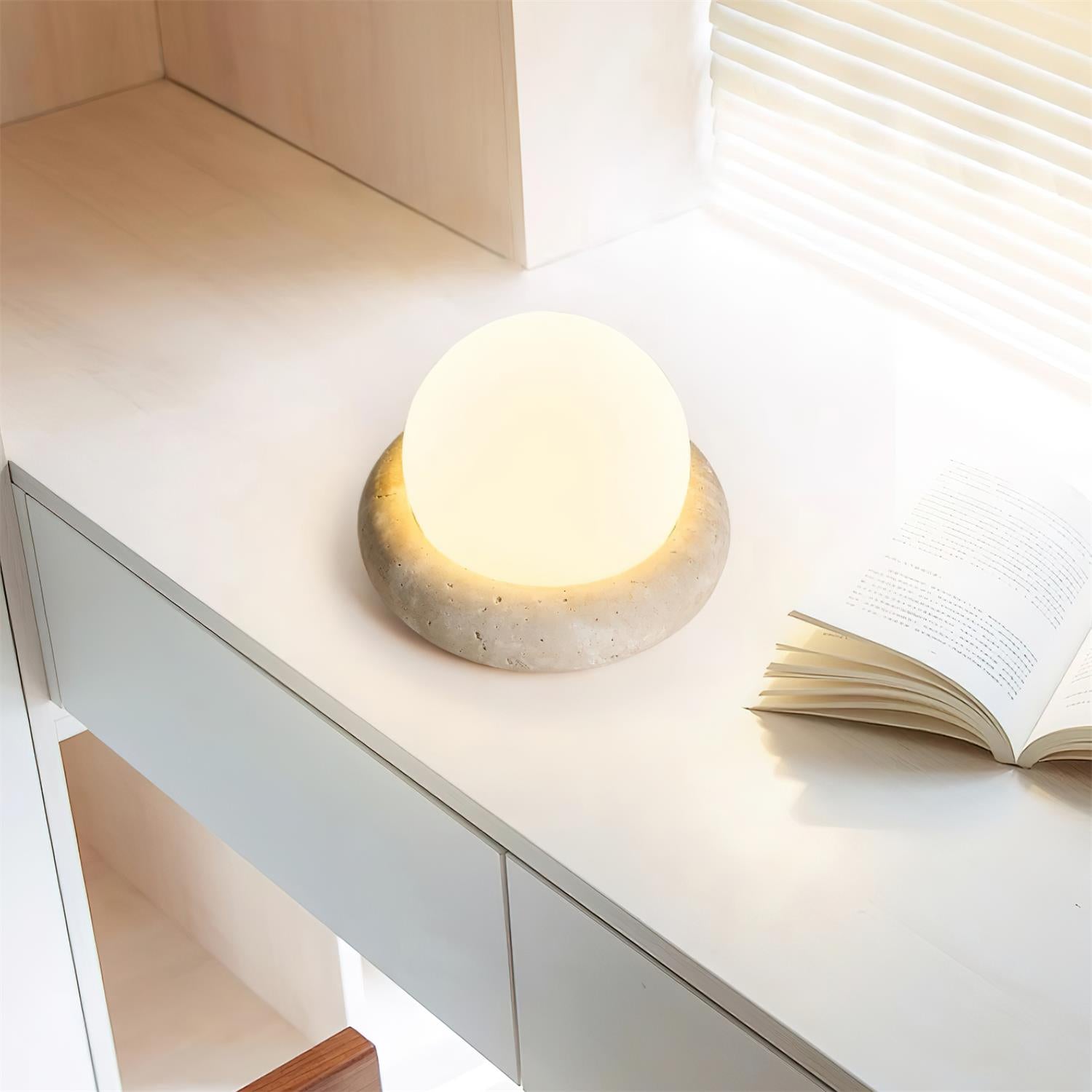 Table Lamp Travertine Base 6.1 in x 4.7 in Frosted Acrylic LED Rechargeable Bedroom Living Room Ambient Light | Thomler