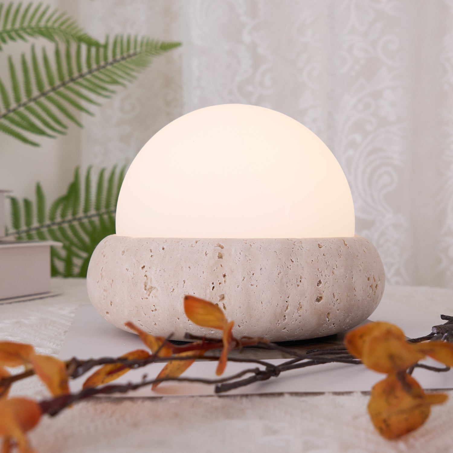 Table Lamp Travertine Base 6.1 in x 4.7 in Frosted Acrylic LED Rechargeable Bedroom Living Room Ambient Light | Thomler