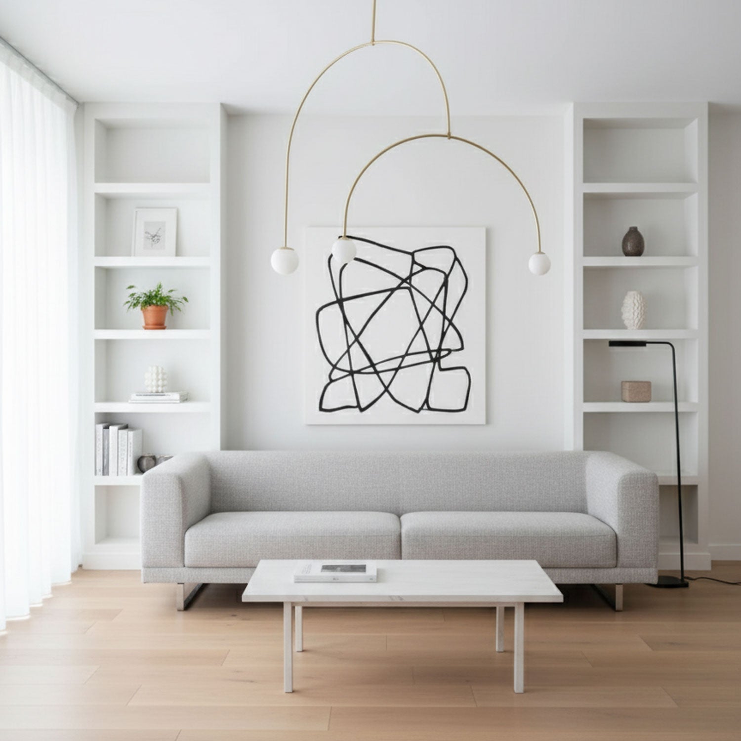 Mobile Chandelier 55.1 in L x 33.5 in H Patinated Brass Black Modern Living Room Ceiling Light Minimalist Glass Diffuser Fixture | Thomler