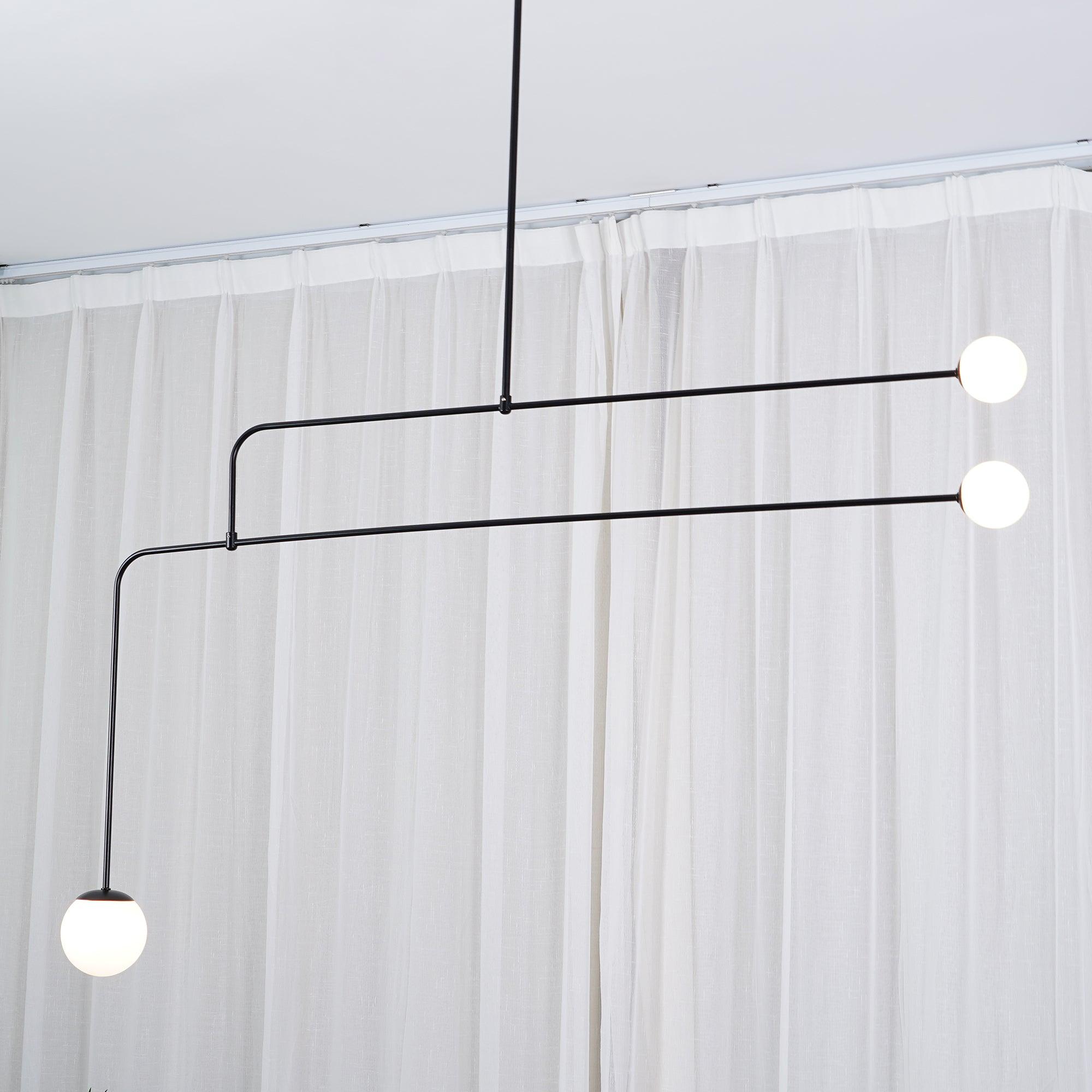 Mobile Chandelier 55.1 in L x 33.5 in H Patinated Brass Black Modern Living Room Ceiling Light Minimalist Glass Diffuser Fixture | Thomler
