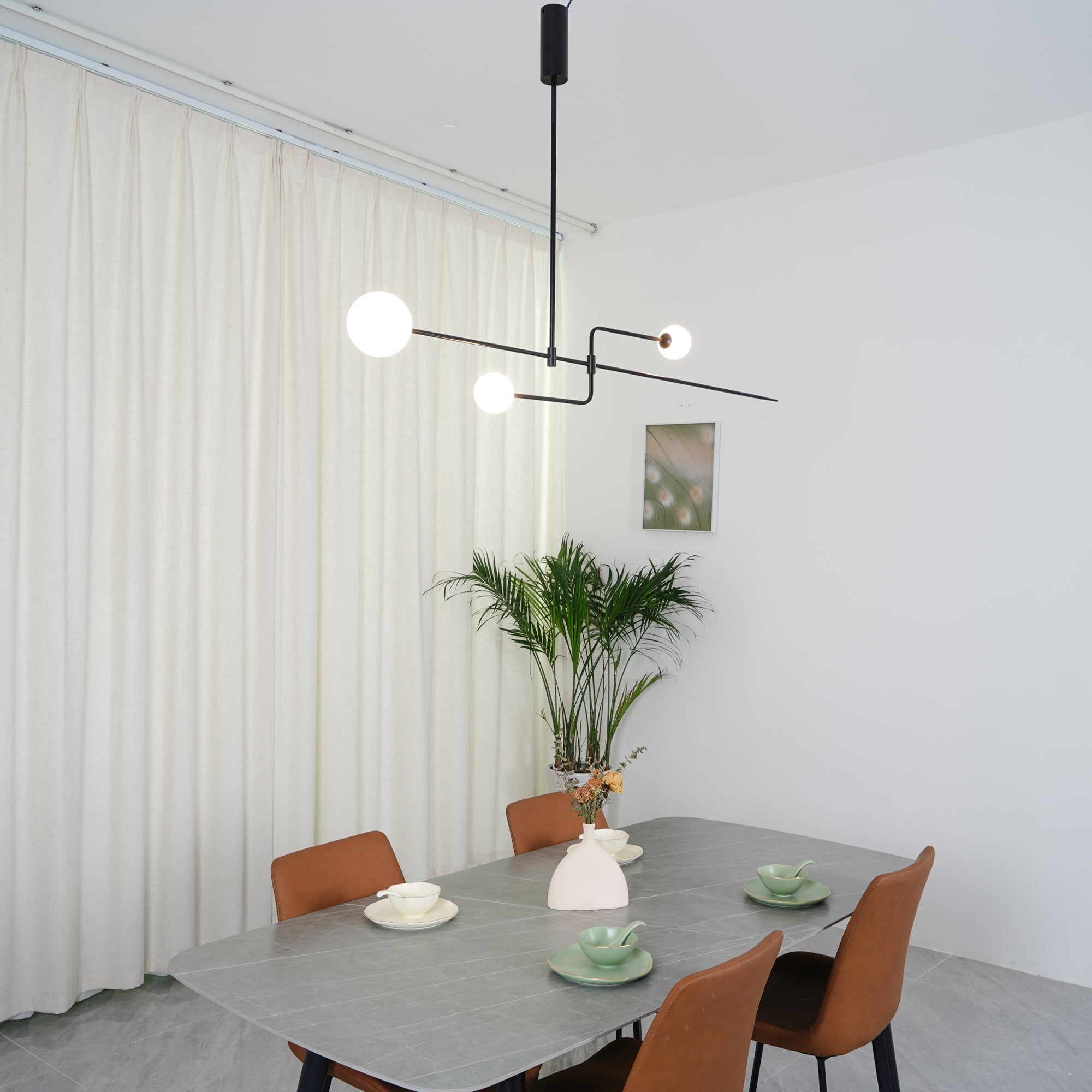 Mobile Chandelier 55.1 in L x 33.5 in H Patinated Brass Black Modern Living Room Ceiling Light Minimalist Glass Diffuser Fixture | Thomler