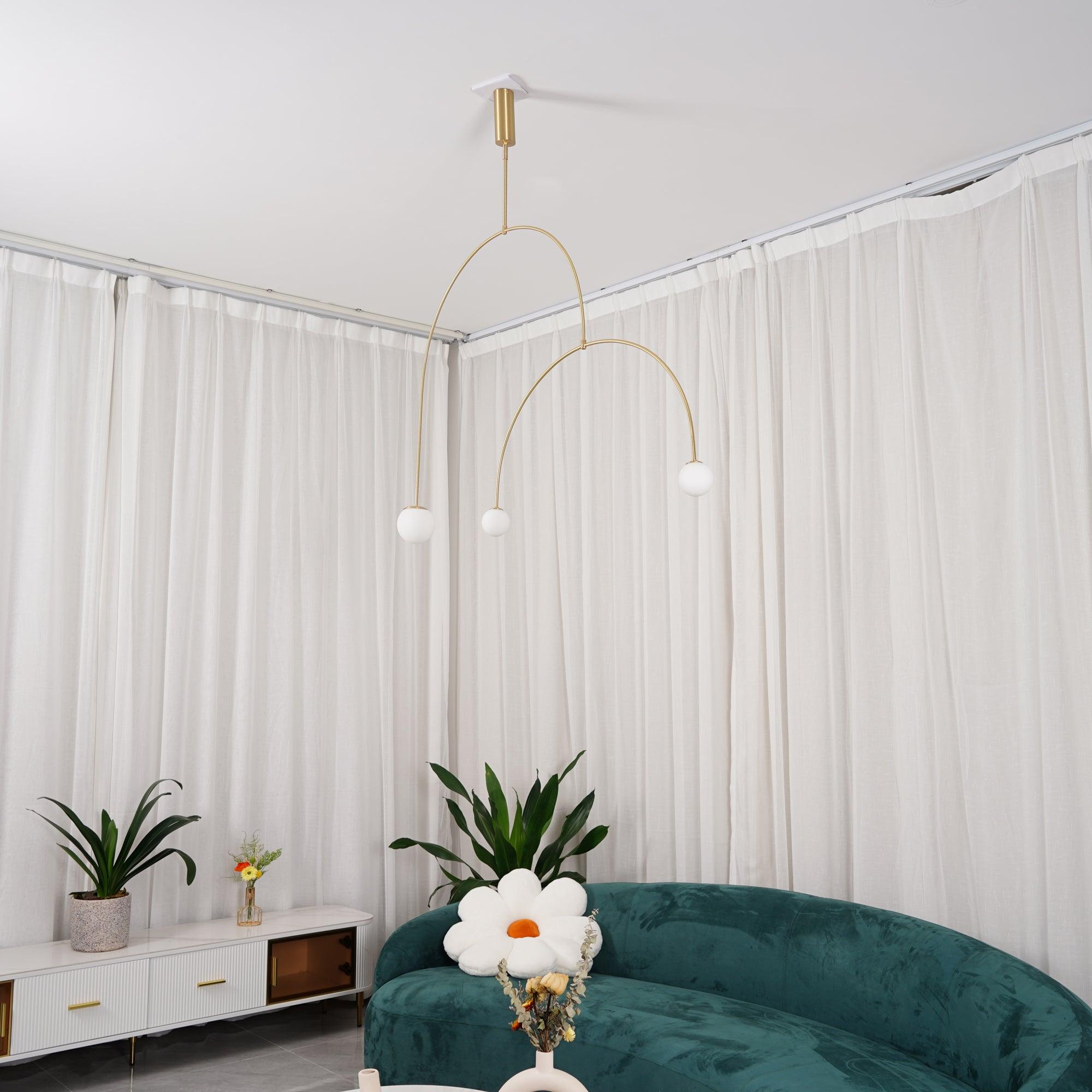 Mobile Chandelier 55.1 in L x 33.5 in H Patinated Brass Black Modern Living Room Ceiling Light Minimalist Glass Diffuser Fixture | Thomler
