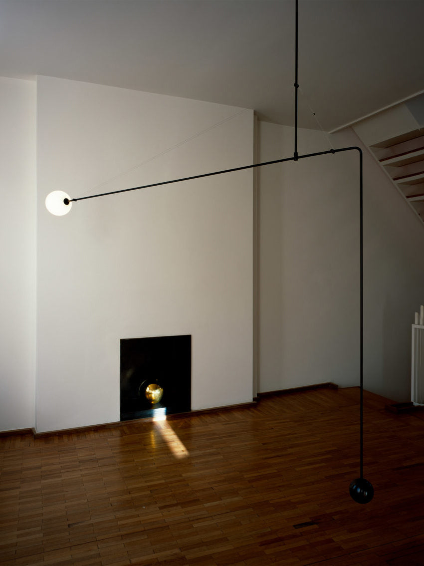 Mobile Chandelier 55.1 in L x 33.5 in H Patinated Brass Black Modern Living Room Ceiling Light Minimalist Glass Diffuser Fixture | Thomler