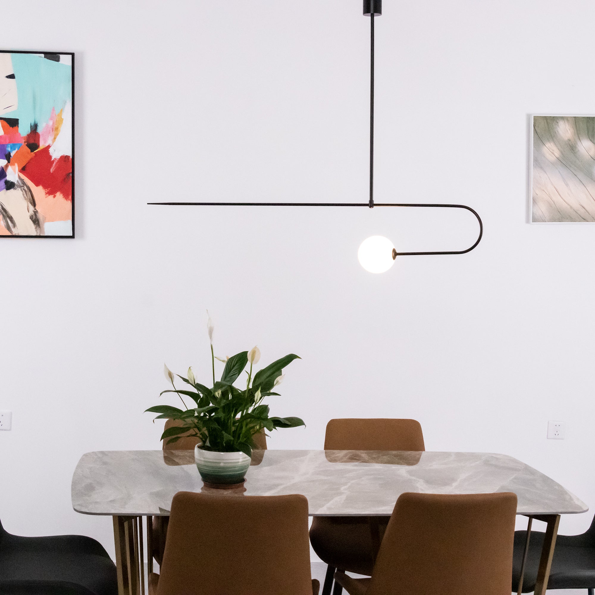 Mobile Chandelier 55.1 in L x 33.5 in H Patinated Brass Black Modern Living Room Ceiling Light Minimalist Glass Diffuser Fixture | Thomler