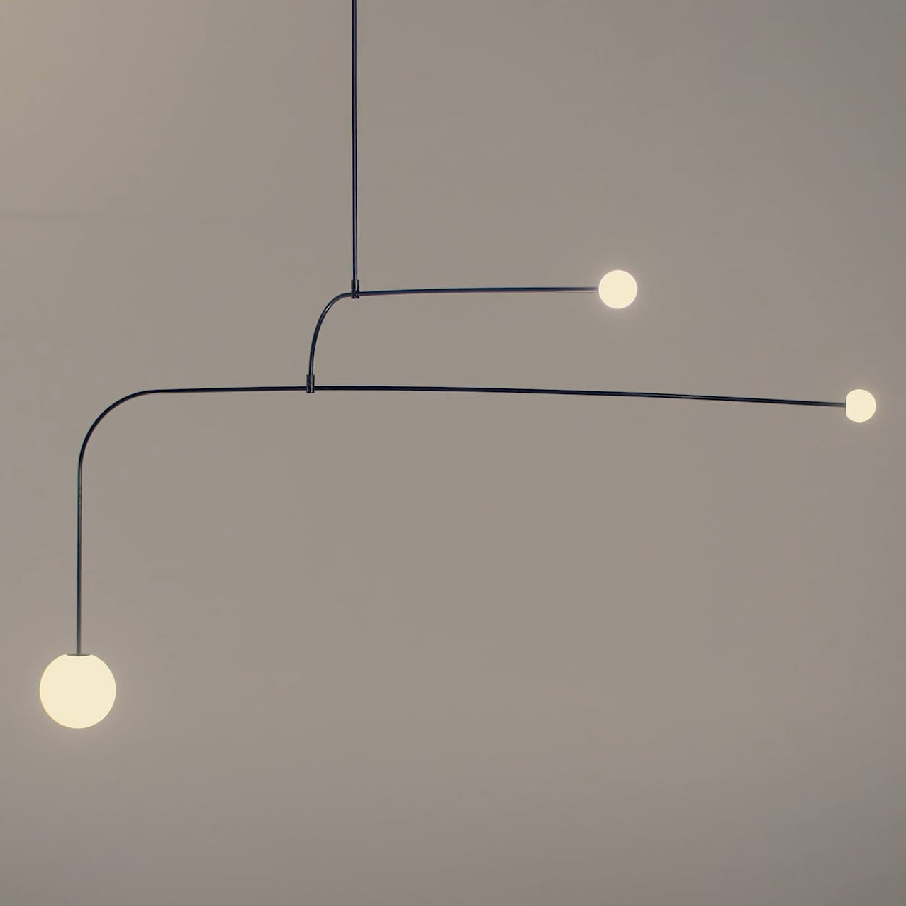 Mobile Chandelier 55.1 in L x 33.5 in H Patinated Brass Black Modern Living Room Ceiling Light Minimalist Glass Diffuser Fixture | Thomler