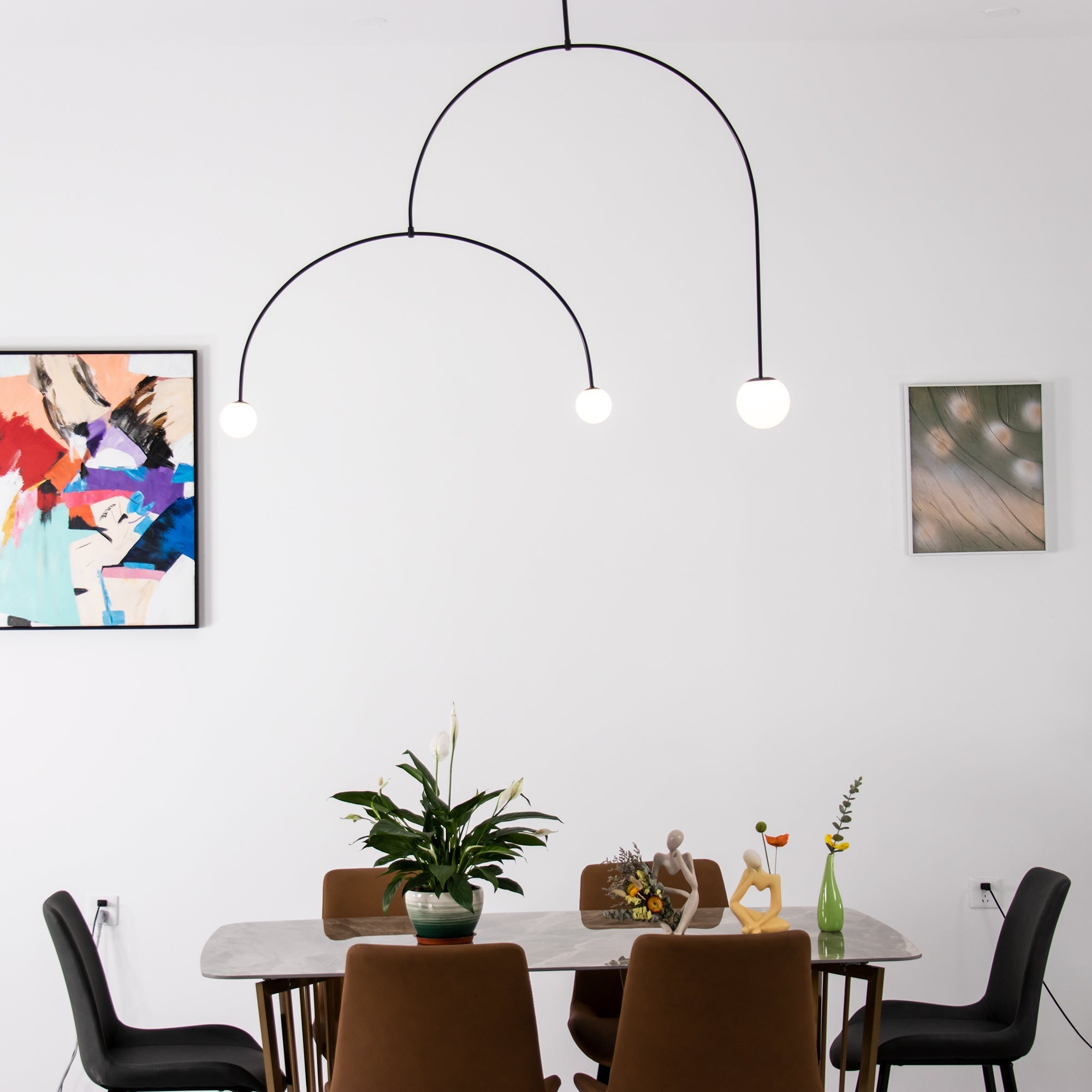 Mobile Chandelier 55.1 in L x 33.5 in H Patinated Brass Black Modern Living Room Ceiling Light Minimalist Glass Diffuser Fixture | Thomler