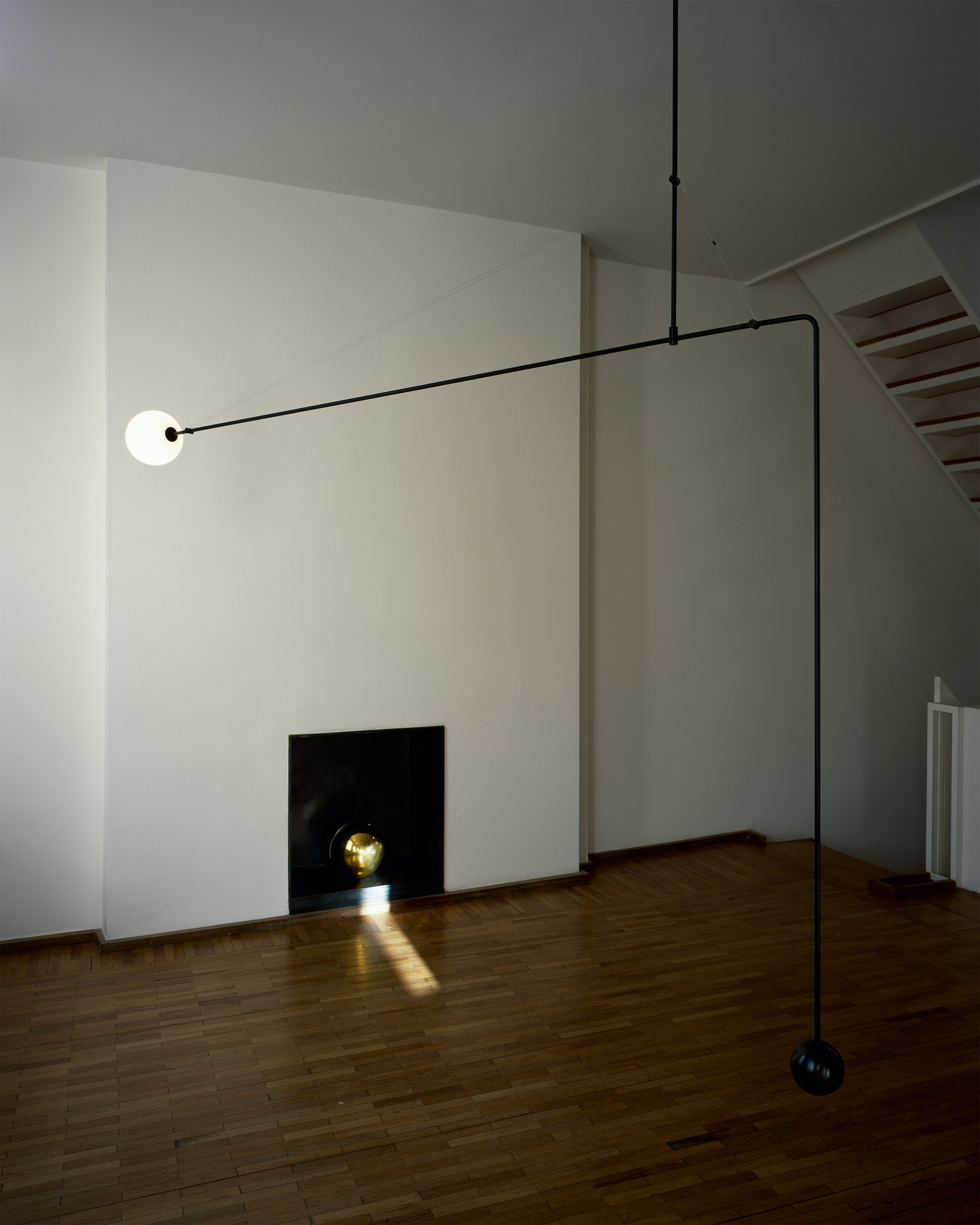 Mobile Chandelier 55.1 in L x 33.5 in H Patinated Brass Black Modern Living Room Ceiling Light Minimalist Glass Diffuser Fixture | Thomler