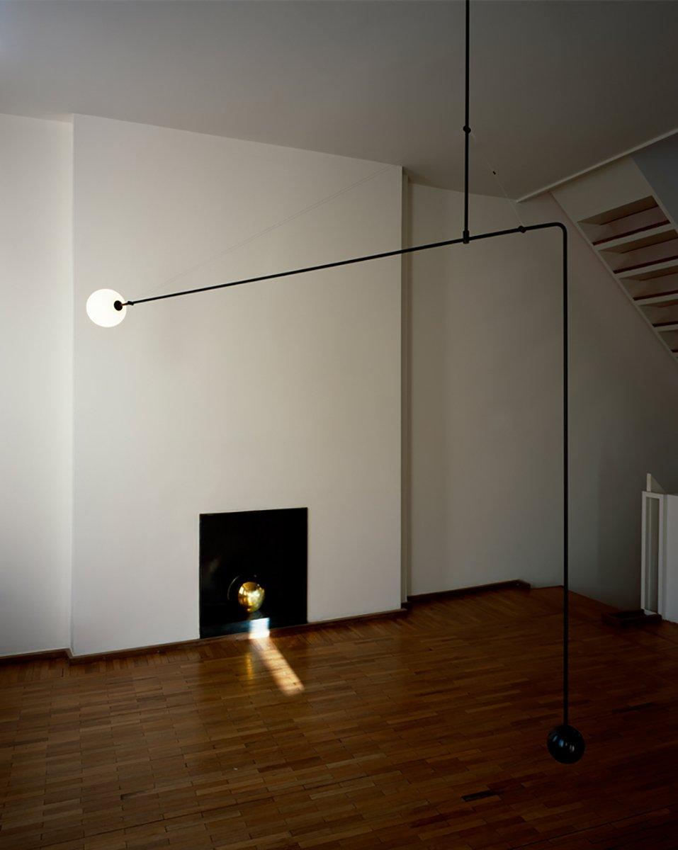 Mobile Chandelier 55.1 in L x 33.5 in H Patinated Brass Black Modern Living Room Ceiling Light Minimalist Glass Diffuser Fixture | Thomler