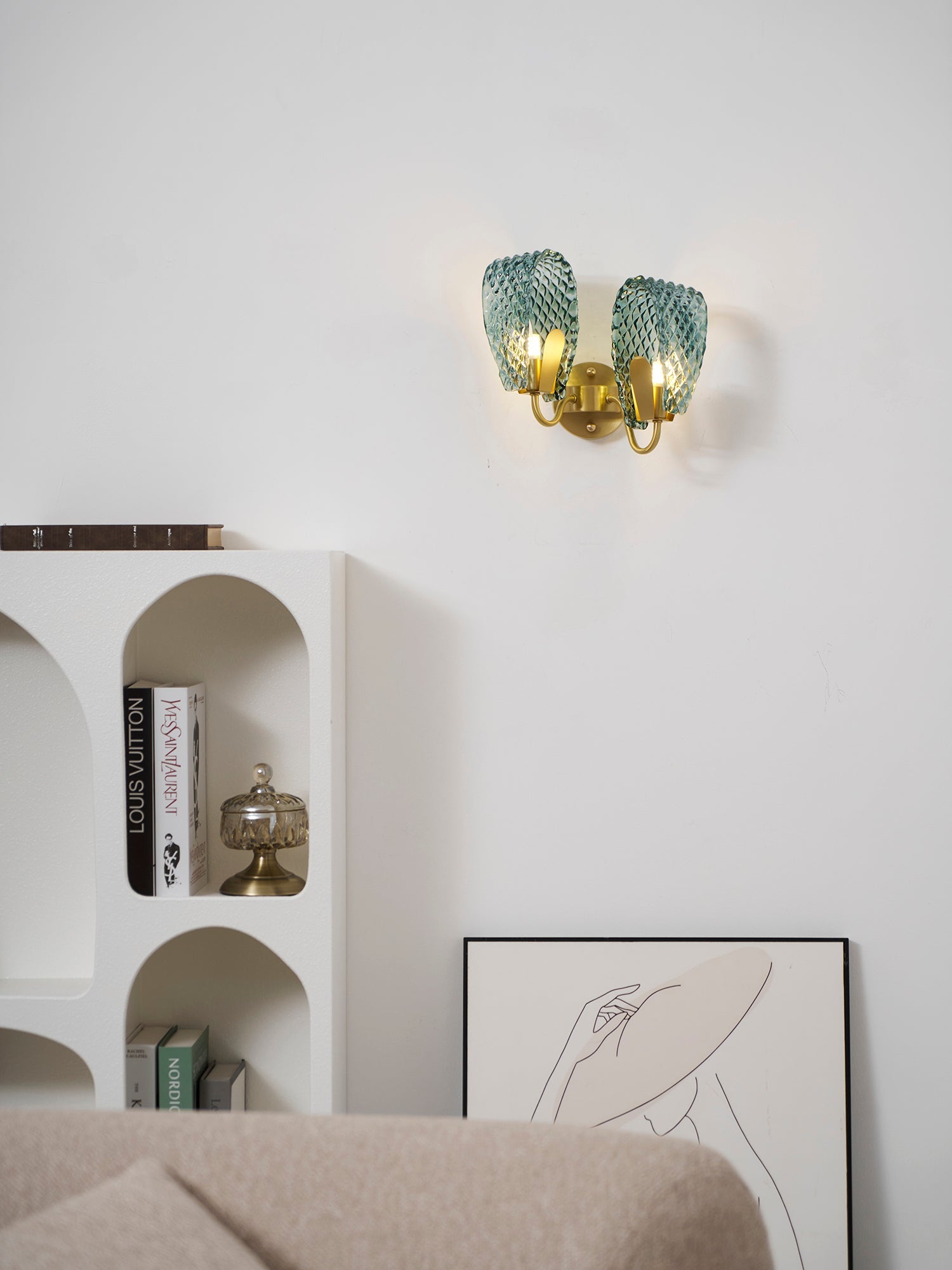 Vintage Brass and Blue Glass Wall Sconce for Bedroom Hallway Living Room – Elegant Decorative 2-Light or 3-Light Fixture with Diamond Textur | Thomler