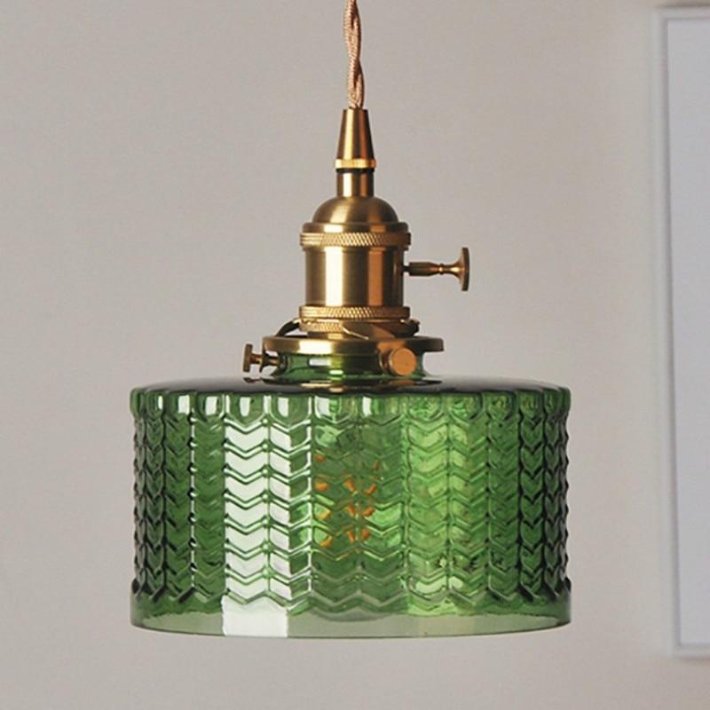 Pendant Light Ribbed Glass E27 17.0 cm Green Dining Room Kitchen Island Hanging Ceiling Lamp Japanese Retro Brass | Thomler