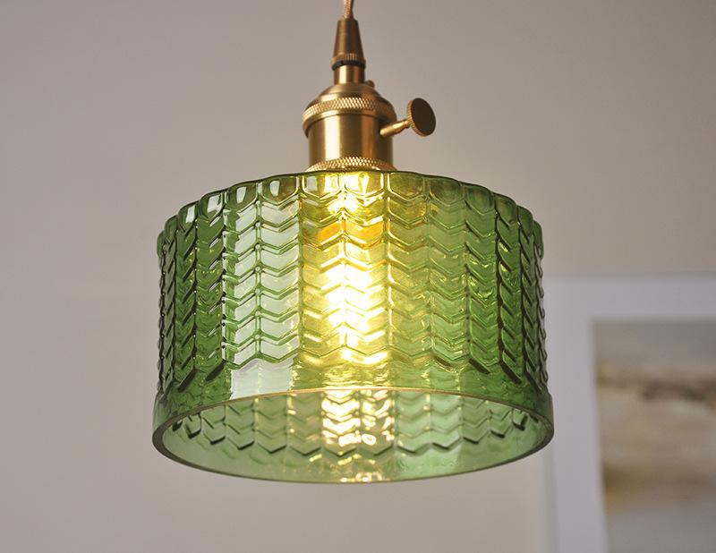 Pendant Light Ribbed Glass E27 17.0 cm Green Dining Room Kitchen Island Hanging Ceiling Lamp Japanese Retro Brass | Thomler