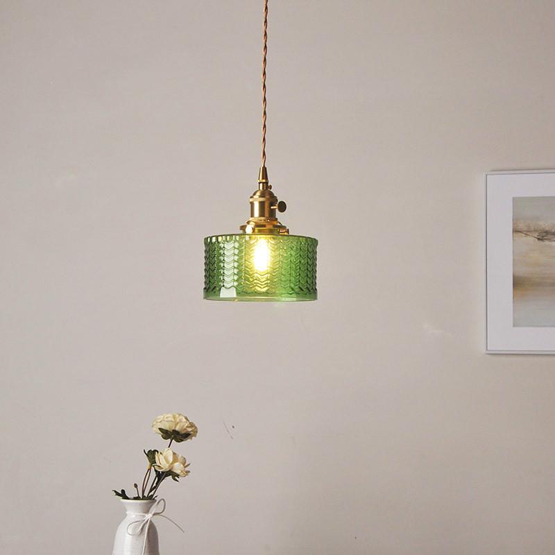 Pendant Light Ribbed Glass E27 17.0 cm Green Dining Room Kitchen Island Hanging Ceiling Lamp Japanese Retro Brass | Thomler