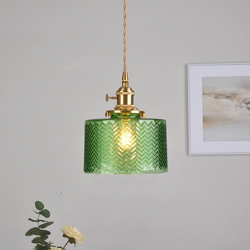 Pendant Light Ribbed Glass E27 17.0 cm Green Dining Room Kitchen Island Hanging Ceiling Lamp Japanese Retro Brass | Thomler