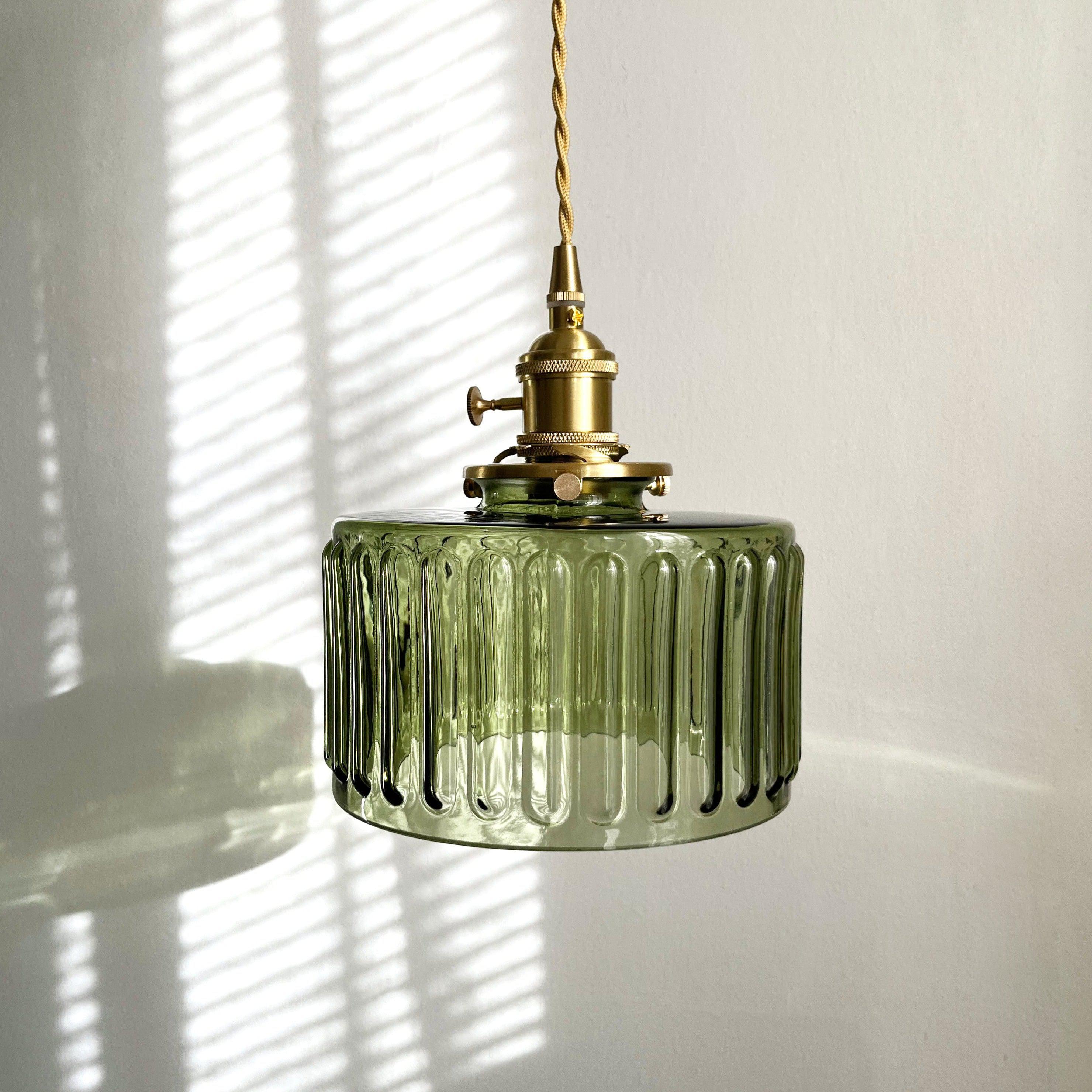 Pendant Light Ribbed Glass E27 17.0 cm Green Dining Room Kitchen Island Hanging Ceiling Lamp Japanese Retro Brass | Thomler