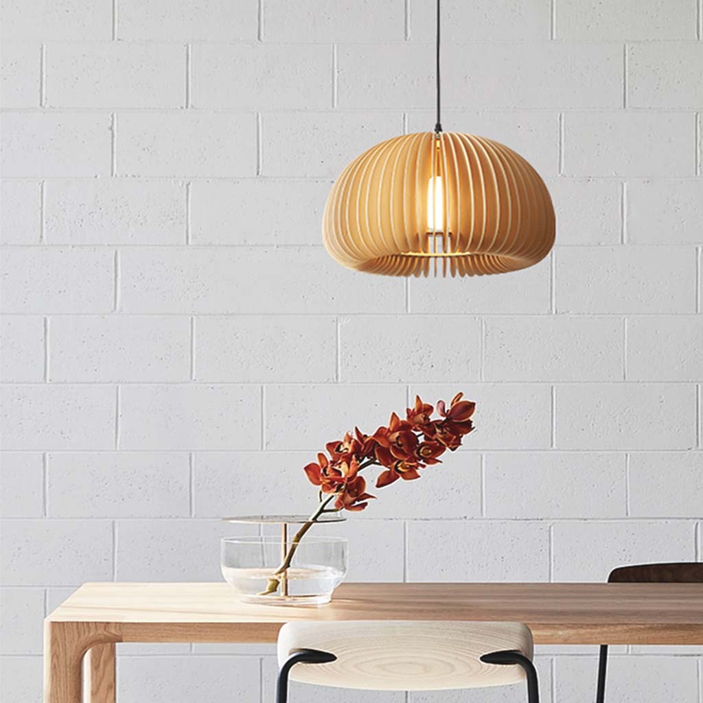 Pendant Light Wood 13.8 in Log Color Dining Room Scandinavian Japandi Hanging Ceiling Lamp LED | Thomler