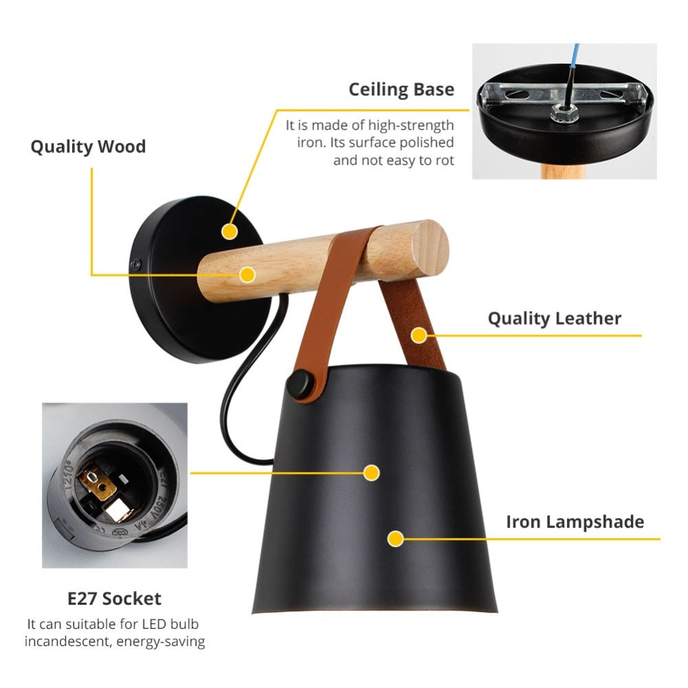 Wall Lamp Wood Iron E27 20.0 cm Black Bedroom Reading Industrial Lighting Fixture | Thomler