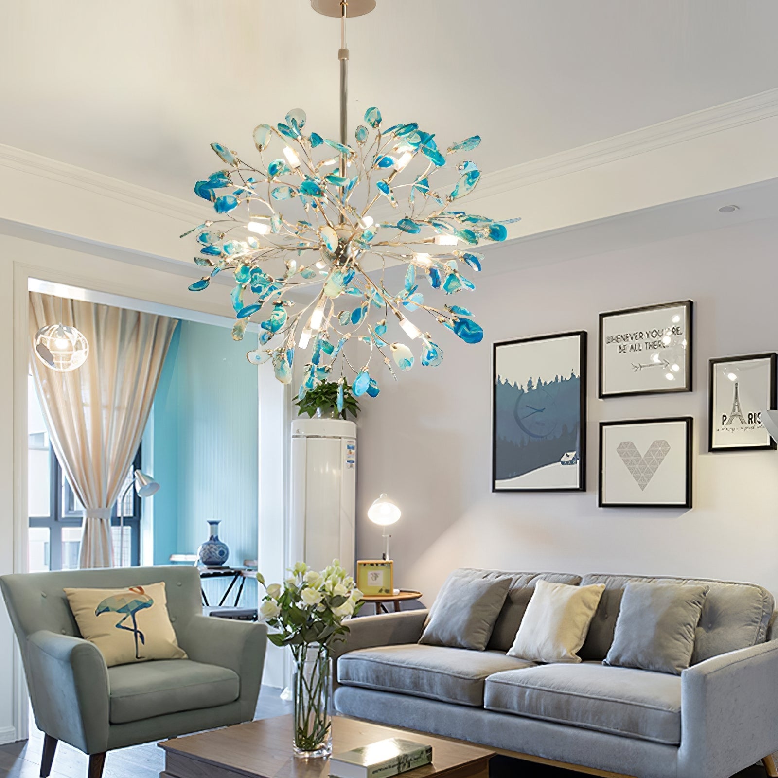Pendant Light Natural Agate G4 58.0 cm Gold Living Room Dining Room Chandelier Multicolour Ceiling Hanging Light | Thomler