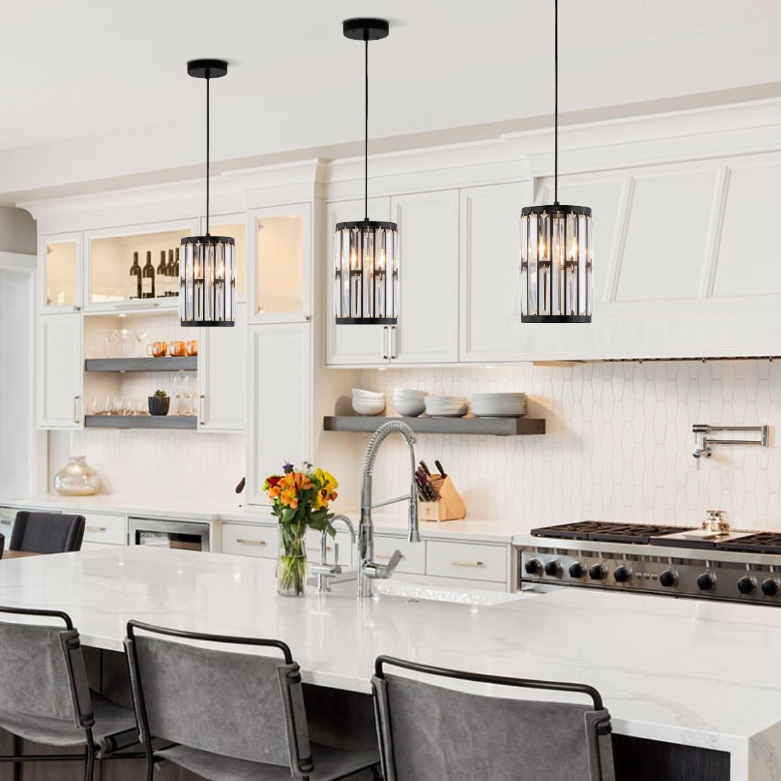 Black Metal Geometric Crystal Pendant Light E12 Candelabra Socket Modern Dining Room Chandelier Adjustable Cord Kitchen Island Bedroom | Thomler