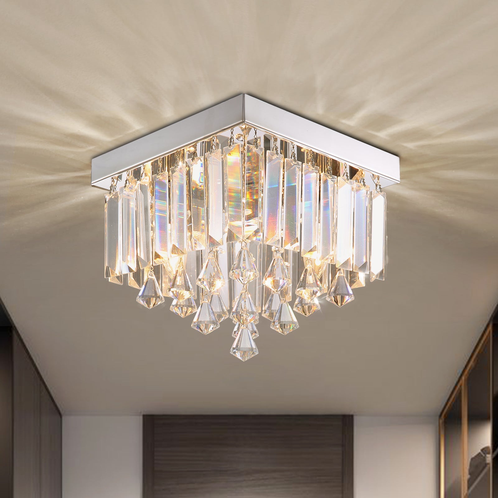 Sparkling Flush-Mount Light Fixture Chrome Finish 2-Bulb Candelabra Base for Dining Room Entryway Kitchen Bedroom Hallway | Thomler