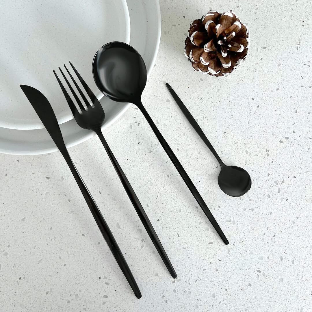 Matte Black Stainless Steel Flatware 4-Piece Place Setting for Everyday Dining & Special Occasions | Thomler