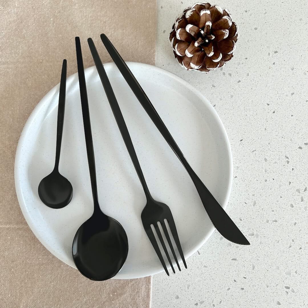 Matte Black Stainless Steel Flatware 4-Piece Place Setting for Everyday Dining & Special Occasions | Thomler