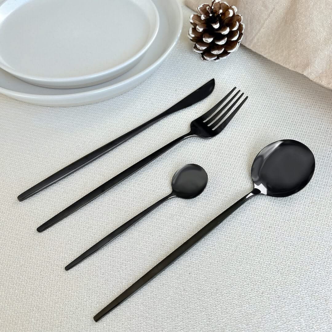 Matte Black Stainless Steel Flatware 4-Piece Place Setting for Everyday Dining & Special Occasions | Thomler