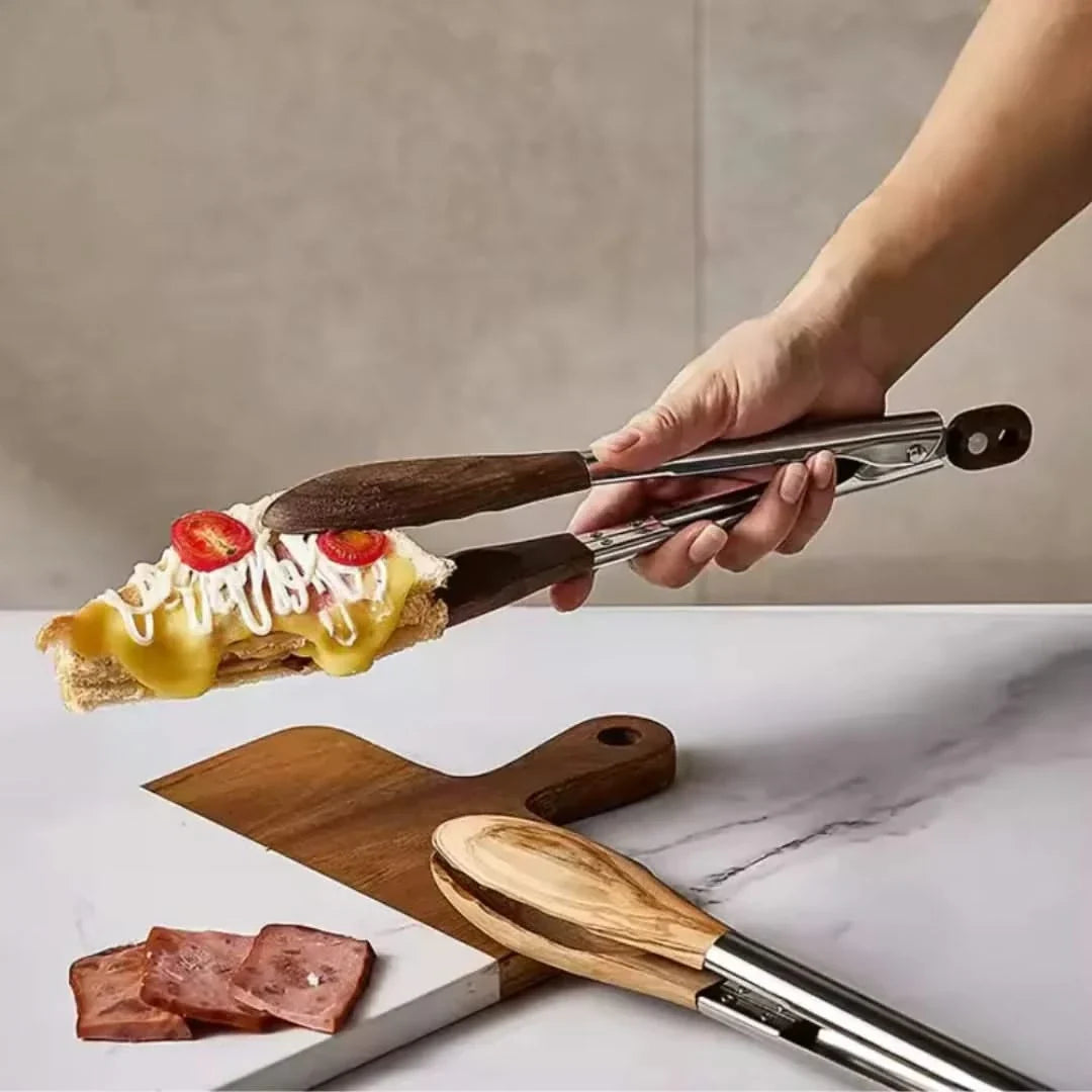 Stainless Steel Kitchen Tongs with Natural Wood Grip – 2-Pack Set for Cooking, Grilling & Serving | Thomler