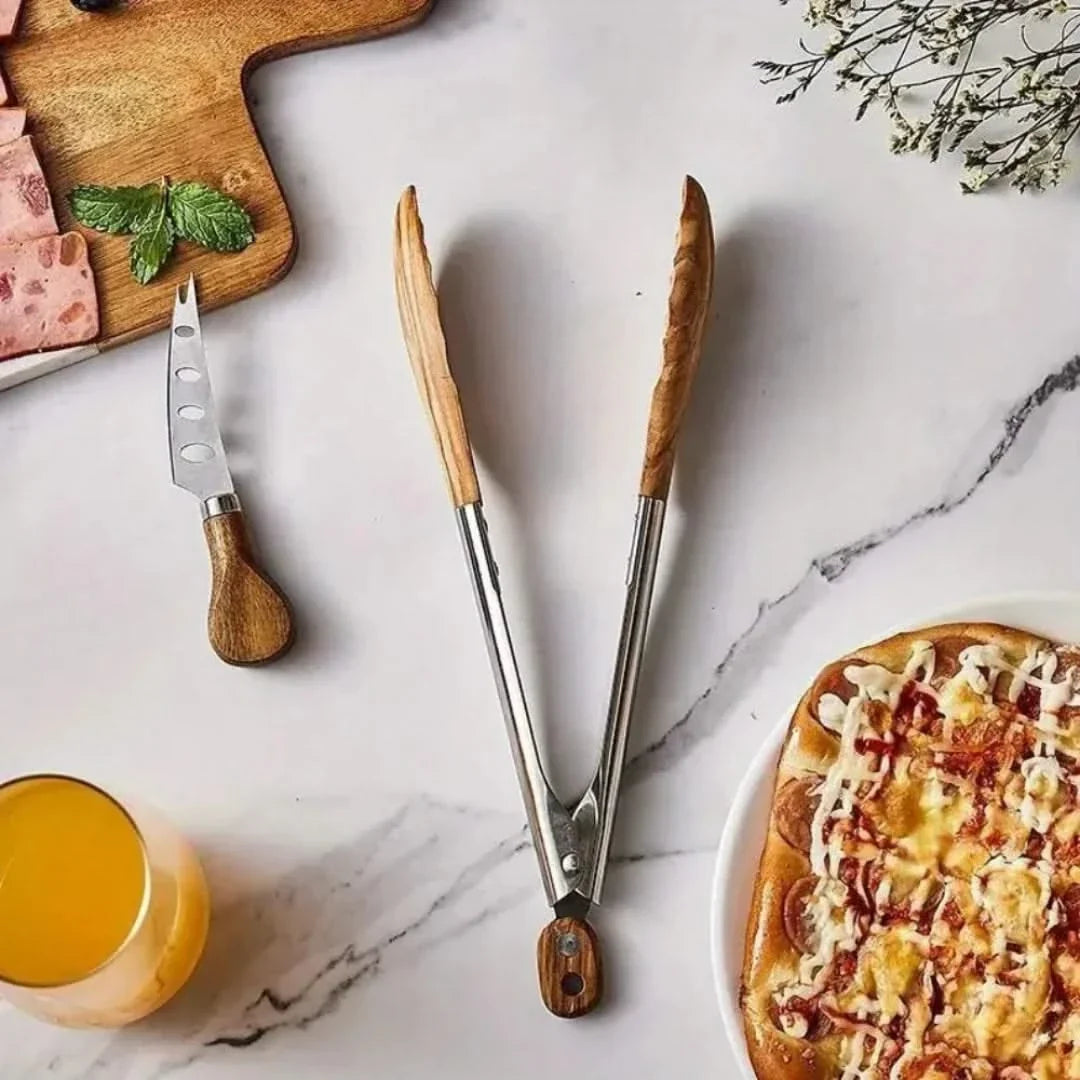 Stainless Steel Kitchen Tongs with Natural Wood Grip – 2-Pack Set for Cooking, Grilling & Serving | Thomler