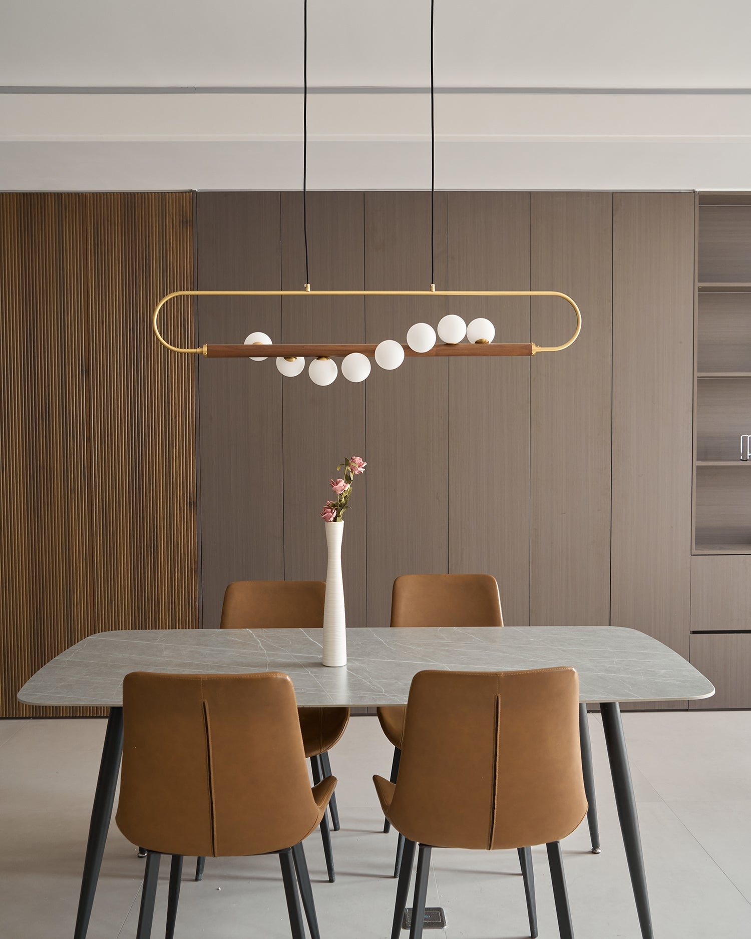 Chandelier Brass Walnut 35.4 in Linear White Glass Dining Room Ceiling Light Modern Adjustable Hanging Fixture | Thomler