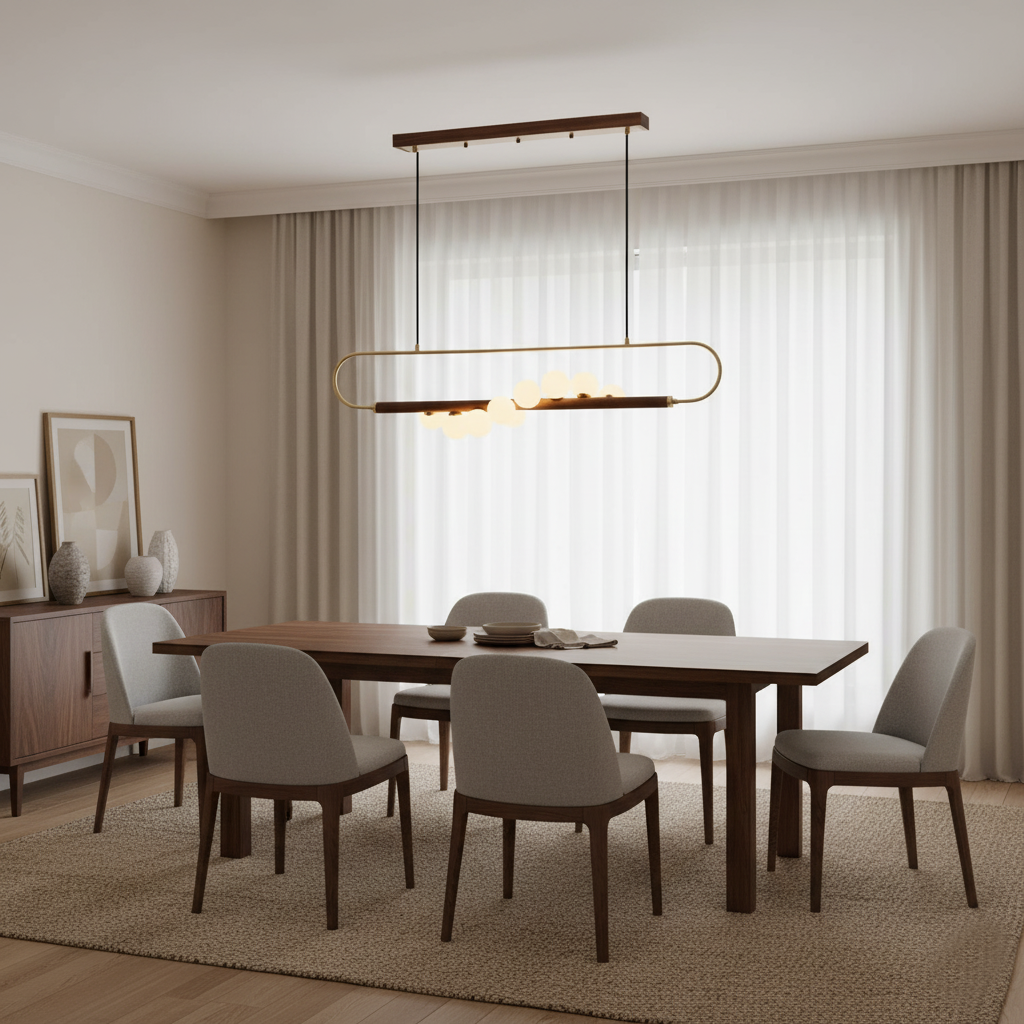 Chandelier Brass Walnut 35.4 in Linear White Glass Dining Room Ceiling Light Modern Adjustable Hanging Fixture | Thomler