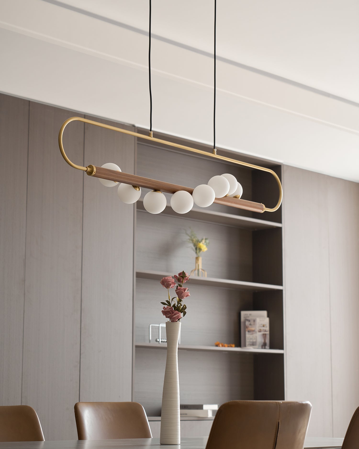 Chandelier Brass Walnut 35.4 in Linear White Glass Dining Room Ceiling Light Modern Adjustable Hanging Fixture | Thomler