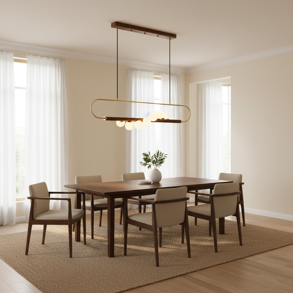 Chandelier Brass Walnut 35.4 in Linear White Glass Dining Room Ceiling Light Modern Adjustable Hanging Fixture | Thomler