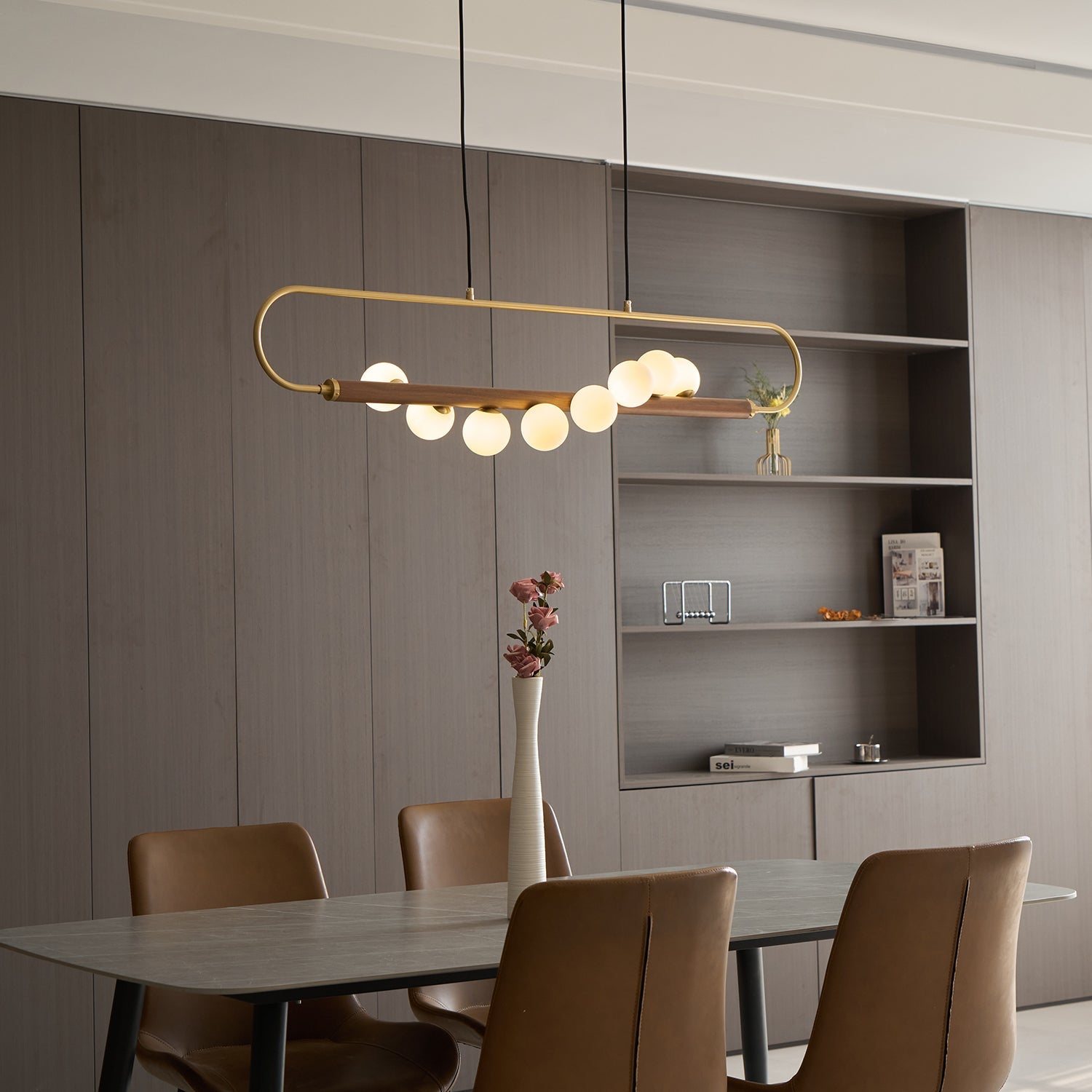 Chandelier Brass Walnut 35.4 in Linear White Glass Dining Room Ceiling Light Modern Adjustable Hanging Fixture | Thomler