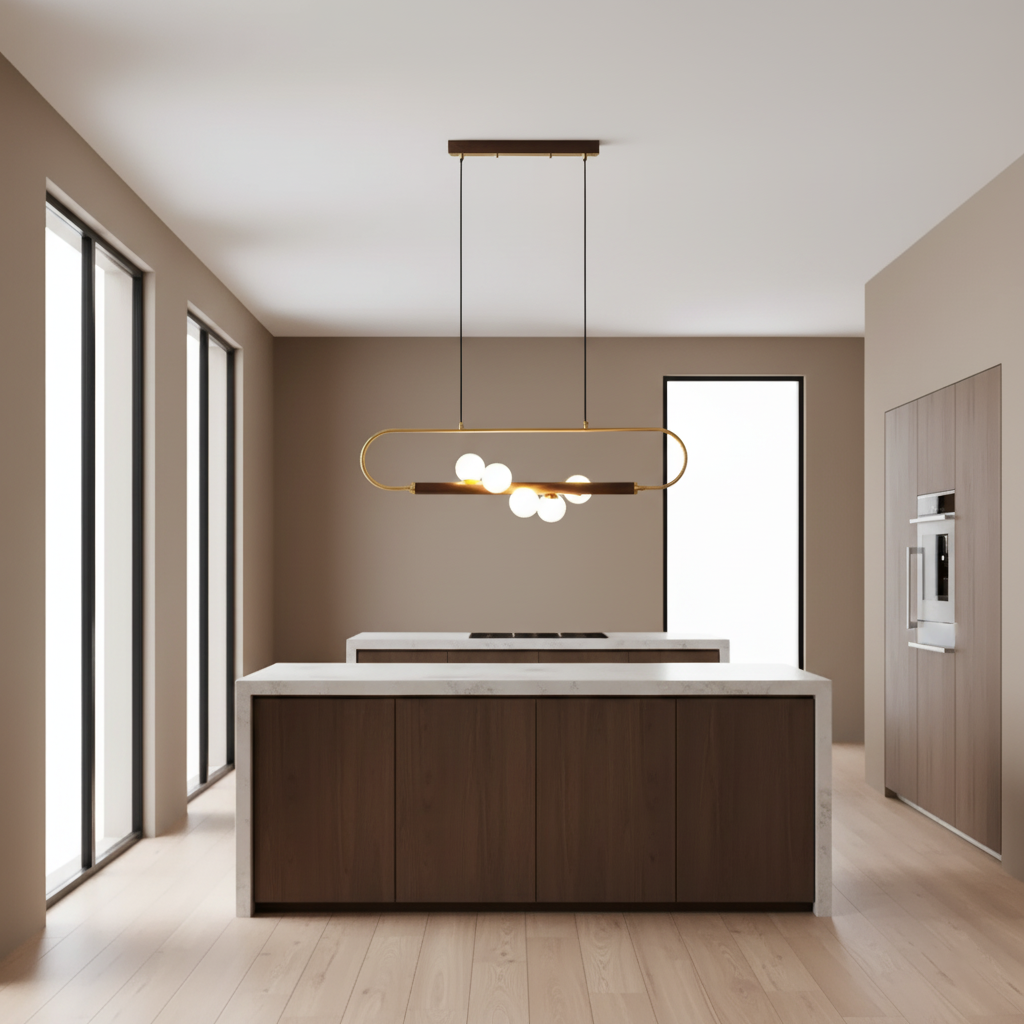 Chandelier Brass Walnut 35.4 in Linear White Glass Dining Room Ceiling Light Modern Adjustable Hanging Fixture | Thomler