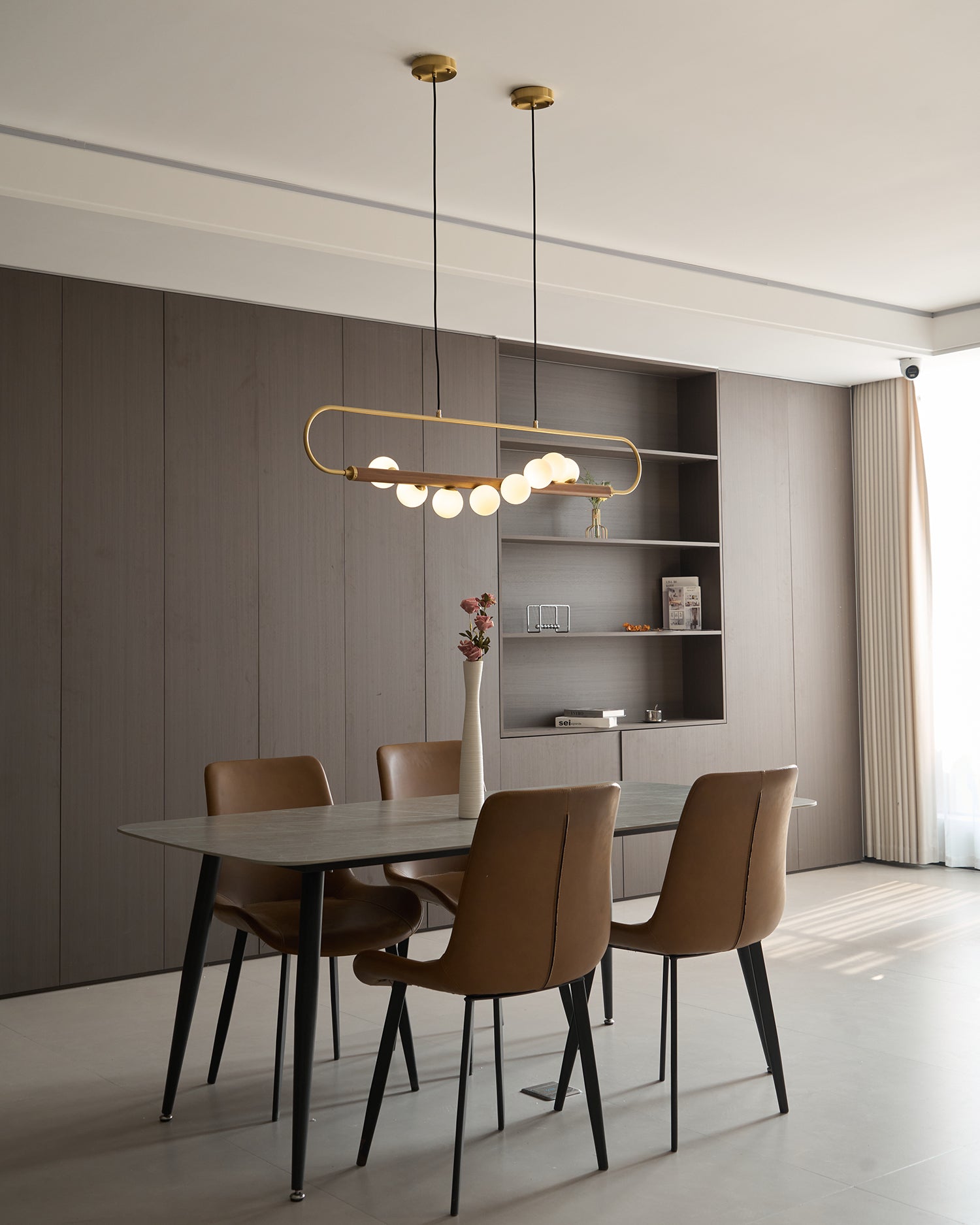 Chandelier Brass Walnut 35.4 in Linear White Glass Dining Room Ceiling Light Modern Adjustable Hanging Fixture | Thomler