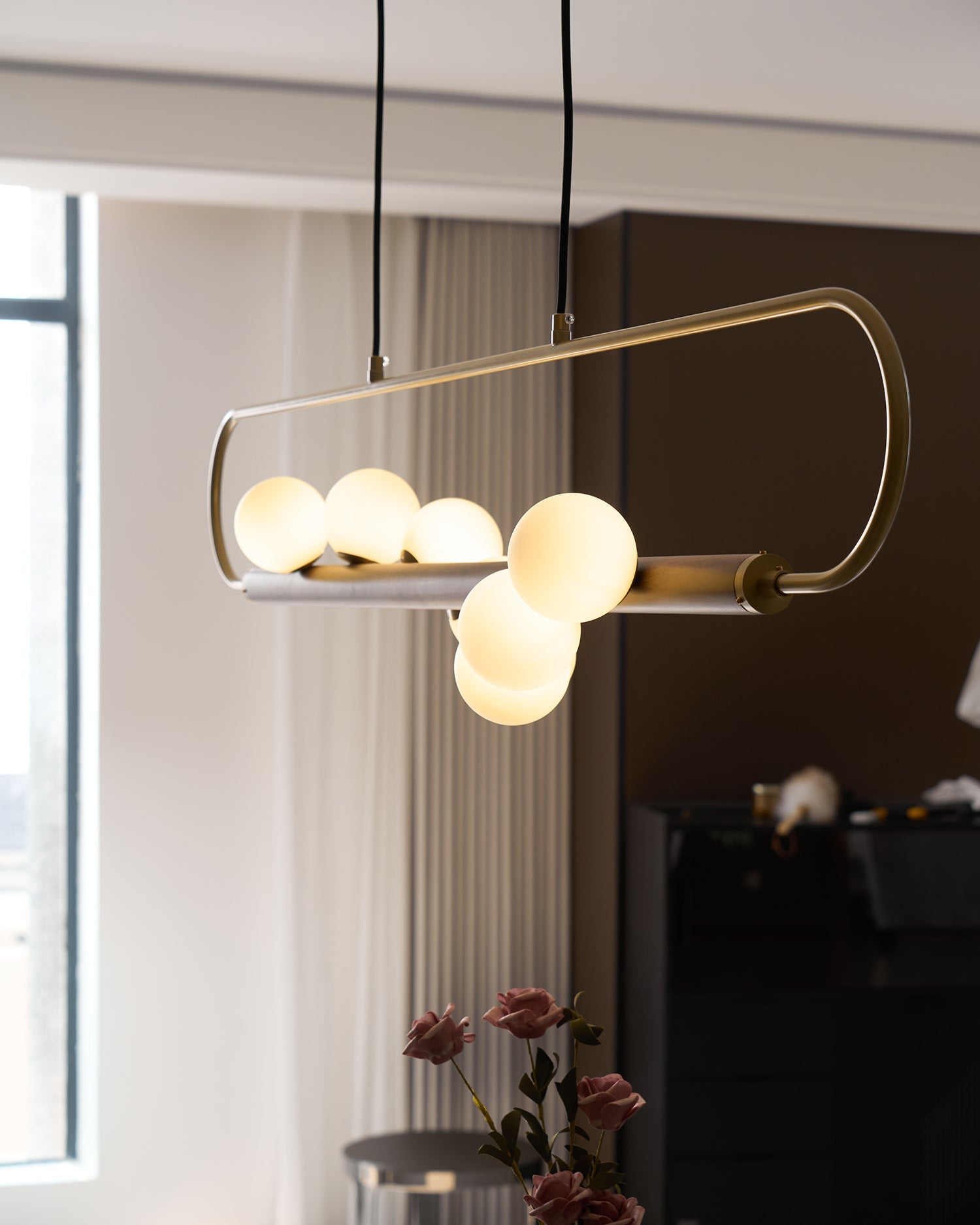 Chandelier Brass Walnut 35.4 in Linear White Glass Dining Room Ceiling Light Modern Adjustable Hanging Fixture | Thomler