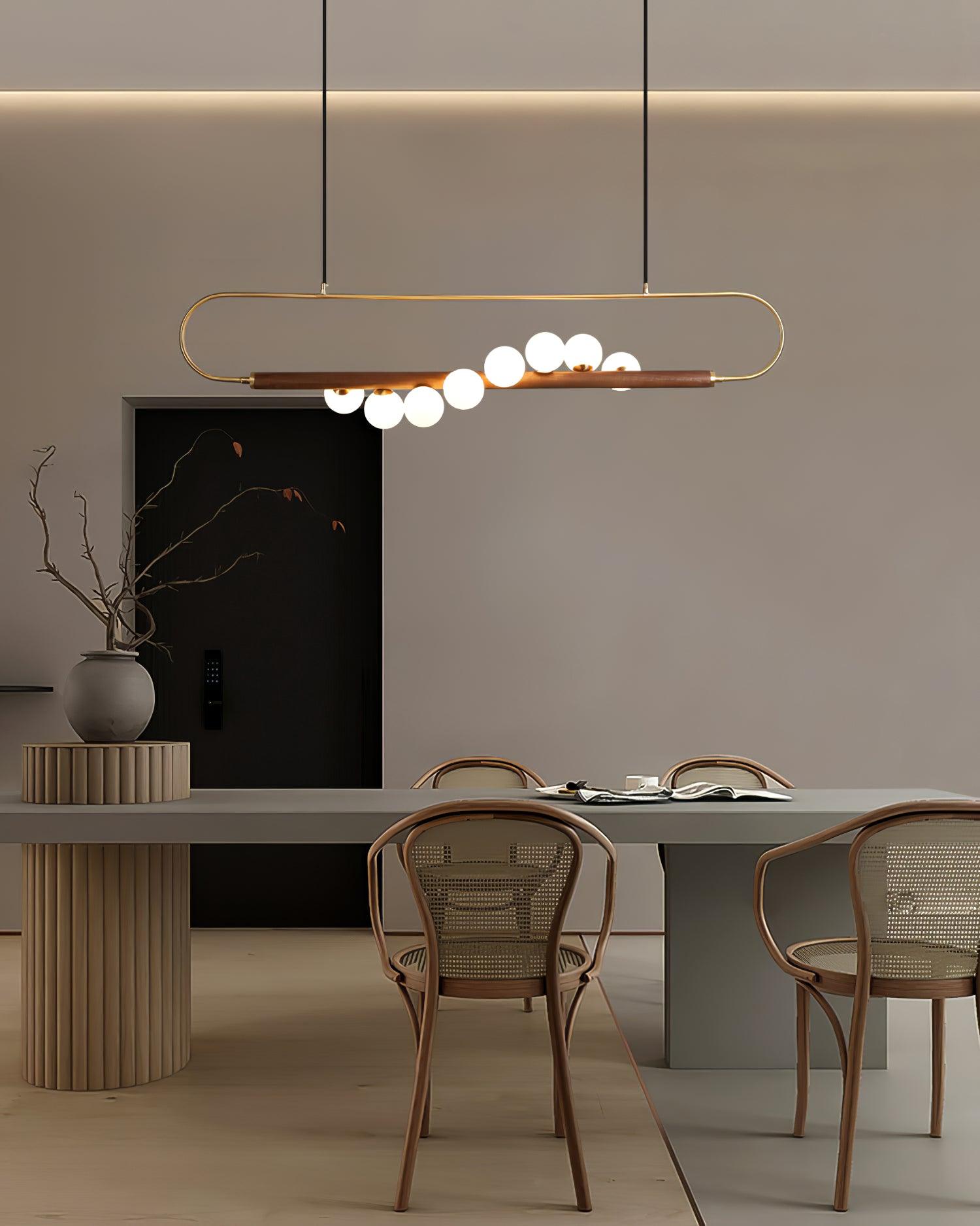 Chandelier Brass Walnut 35.4 in Linear White Glass Dining Room Ceiling Light Modern Adjustable Hanging Fixture | Thomler