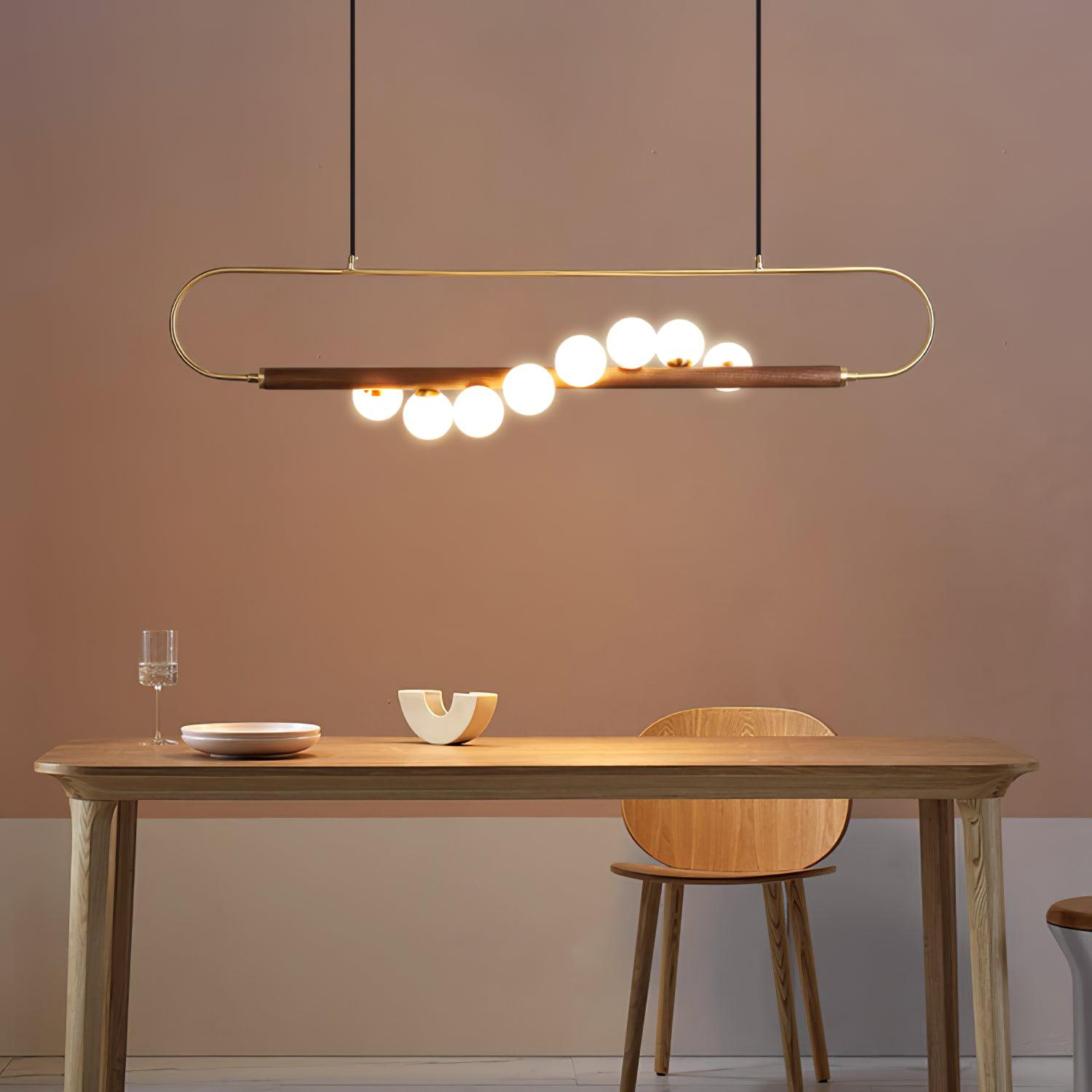 Chandelier Brass Walnut 35.4 in Linear White Glass Dining Room Ceiling Light Modern Adjustable Hanging Fixture | Thomler