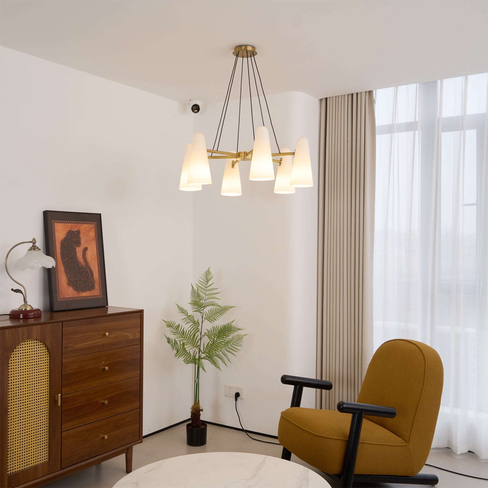 Chandelier Brass 31.5 in Ceiling Light White Glass Dining Room Living Room Fixture 6-8 Heads Adjustable Length | Thomler