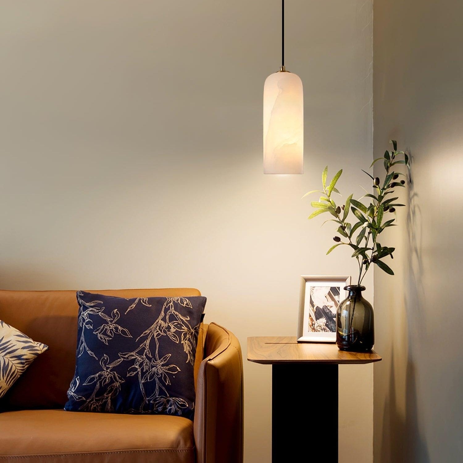 Pendant Light Alabaster Stone 9.8 in White Kitchen Island Dining Hanging Ceiling Lamp Minimalist Nordic Brass Accent | Thomler