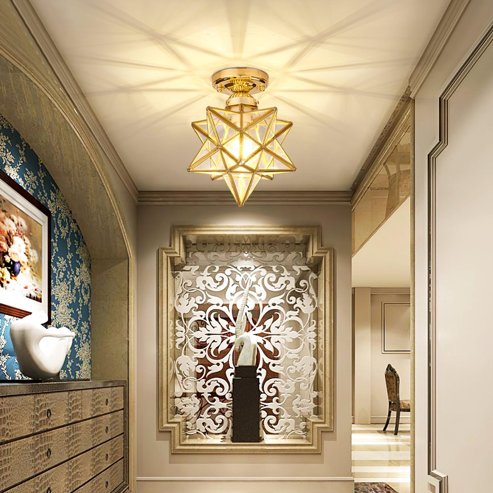 Geometric Star Pendant Light Fixture with Multi-Faceted Glass Panels for Hallway Entry Living Room Indoor Overhead Lighting | Thomler