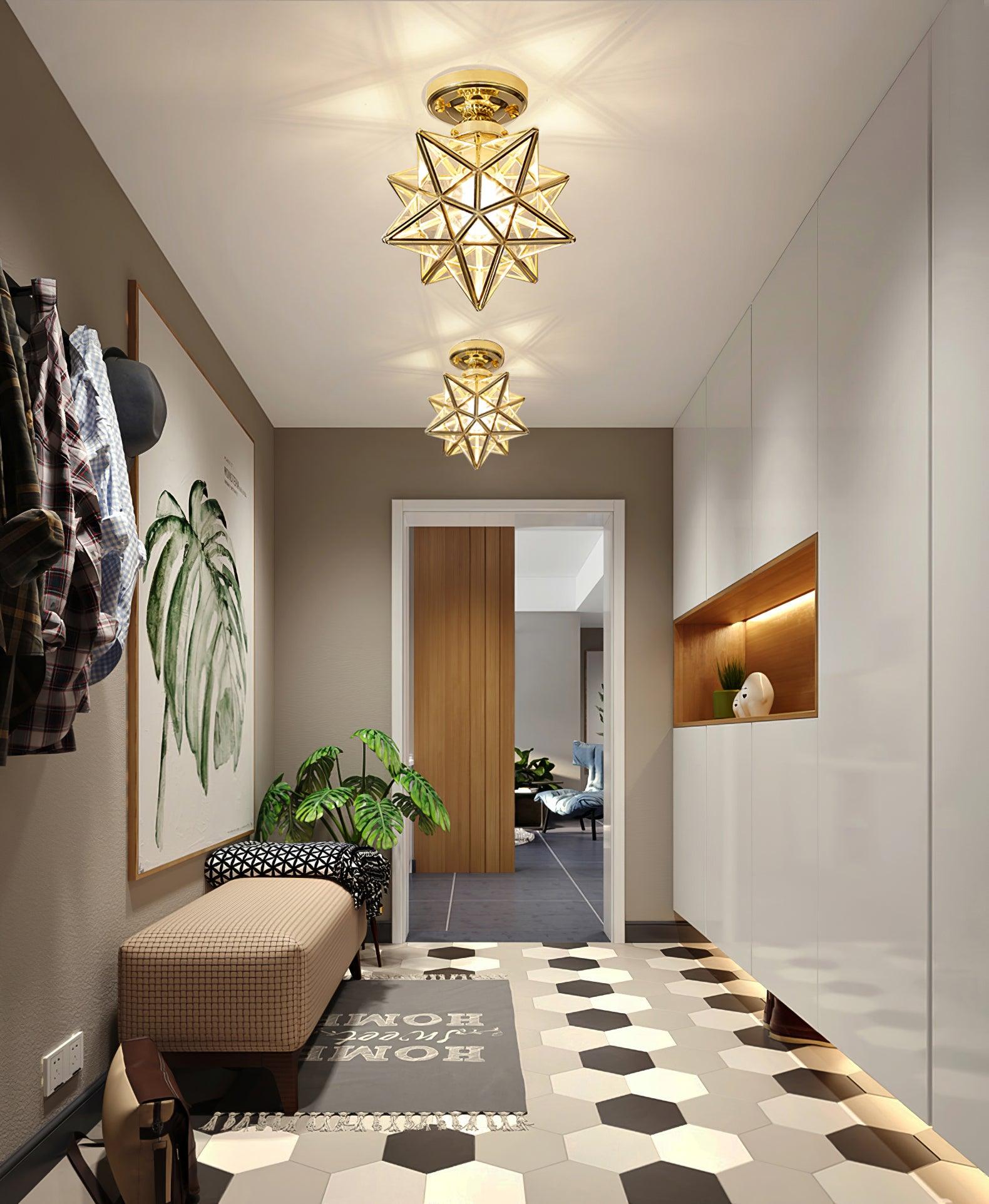 Geometric Star Pendant Light Fixture with Multi-Faceted Glass Panels for Hallway Entry Living Room Indoor Overhead Lighting | Thomler