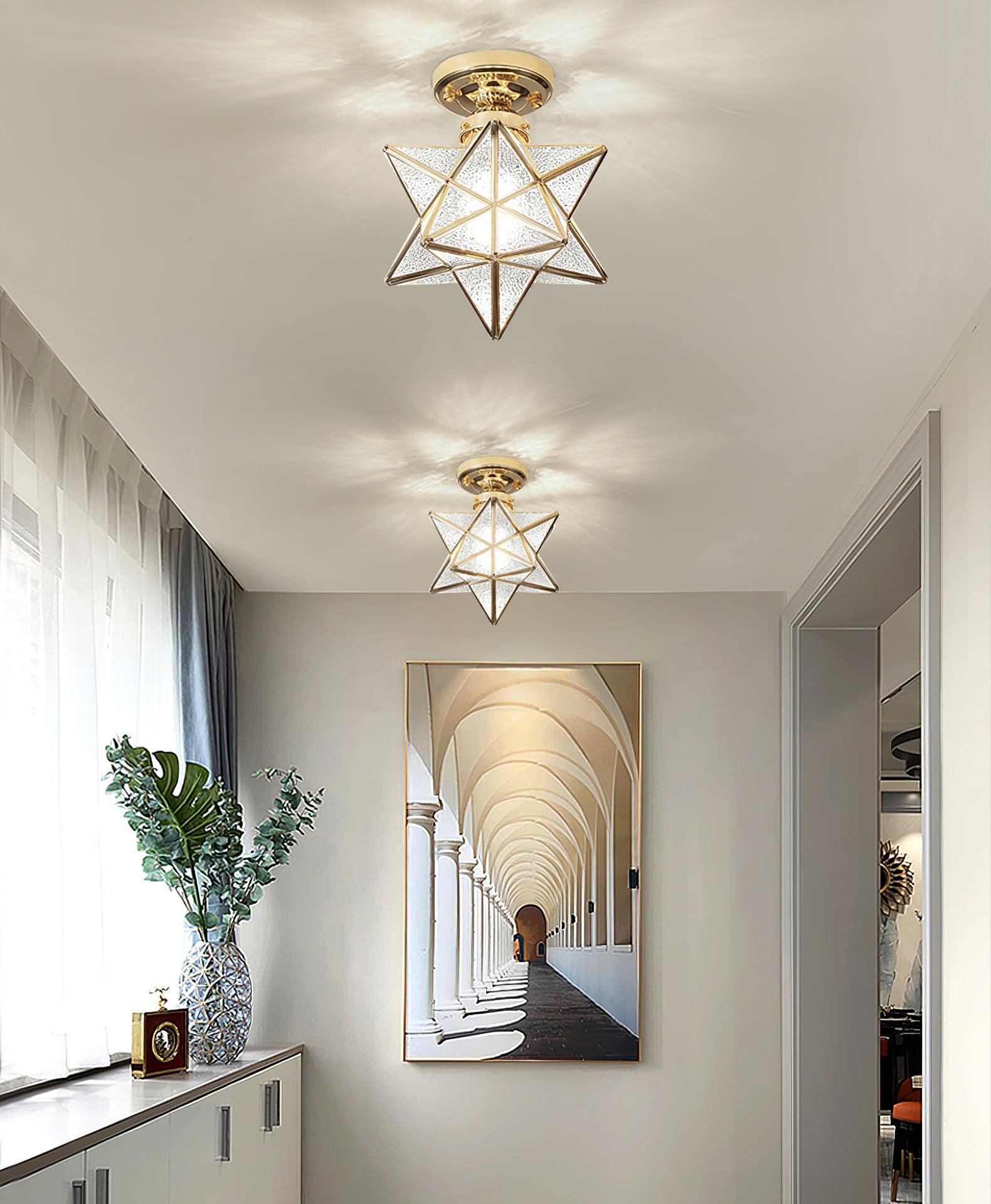 Geometric Star Pendant Light Fixture with Multi-Faceted Glass Panels for Hallway Entry Living Room Indoor Overhead Lighting | Thomler