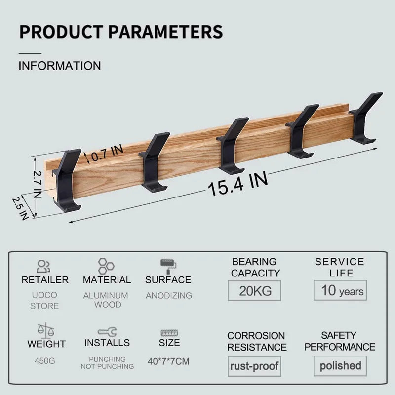 Wall-Mounted Coat Rack with Swivel Hooks | Natural Wood & Aluminum | 5 Movable Pegs for Entryway Bedroom Office | Scandinavian Style | Thomler